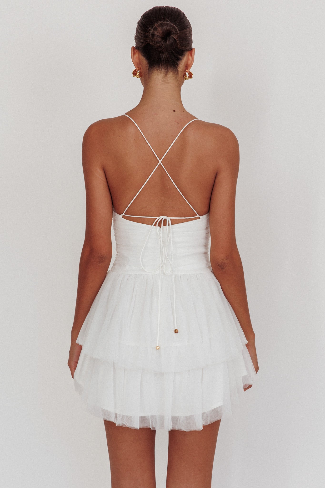 Nightingale Ruched Mesh Mini Dress White-Maymioy