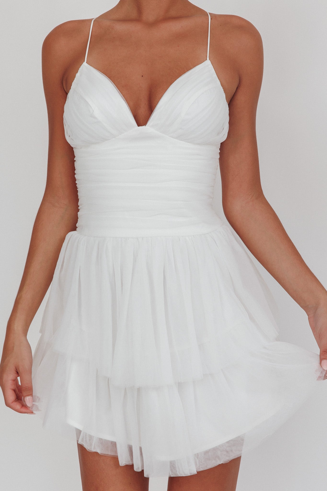 Nightingale Ruched Mesh Mini Dress White-Maymioy