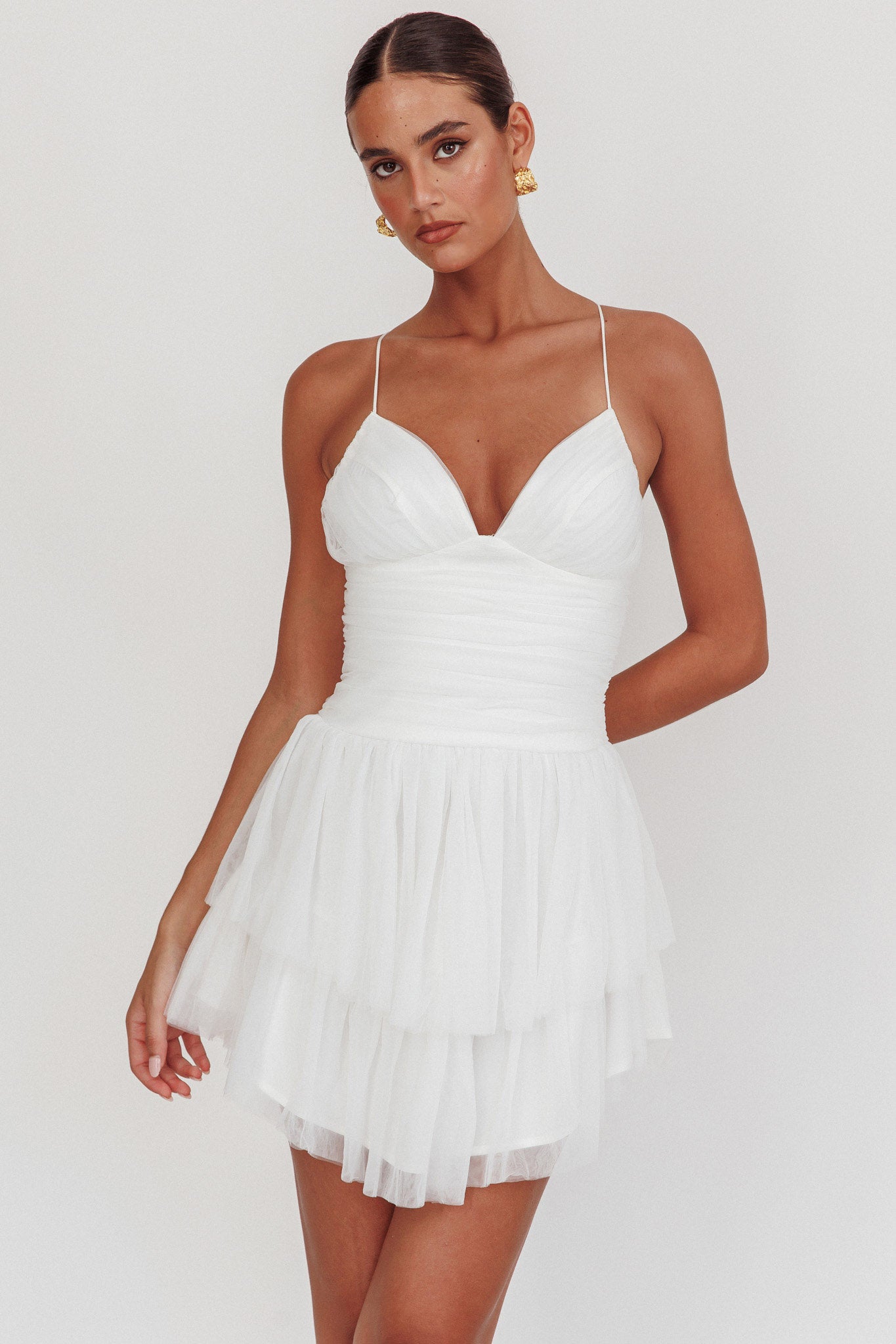 Nightingale Ruched Mesh Mini Dress White-Maymioy
