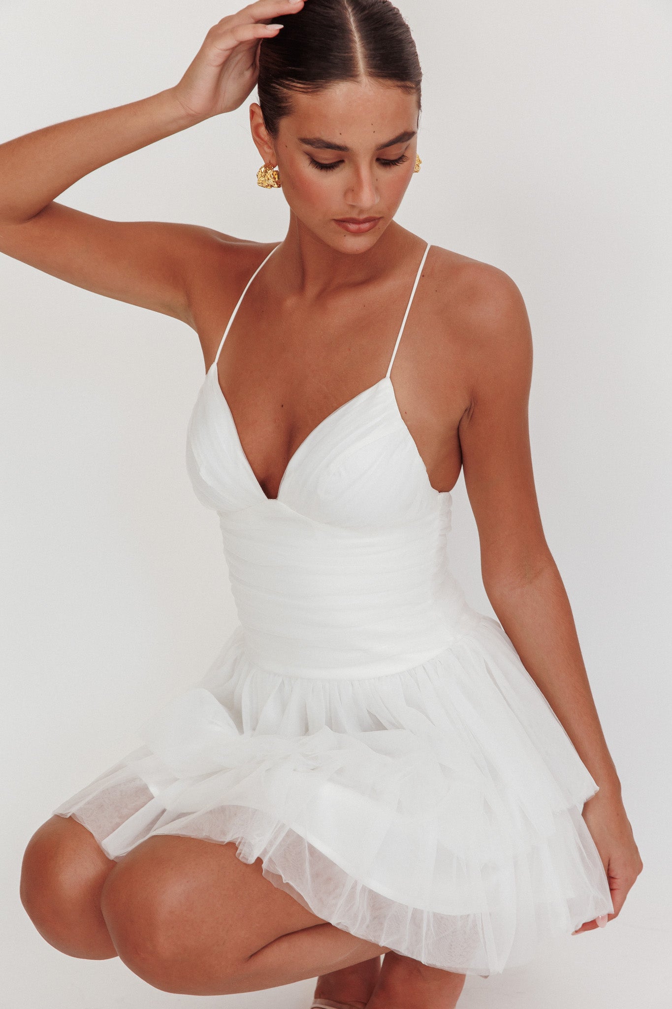 Nightingale Ruched Mesh Mini Dress White-Maymioy