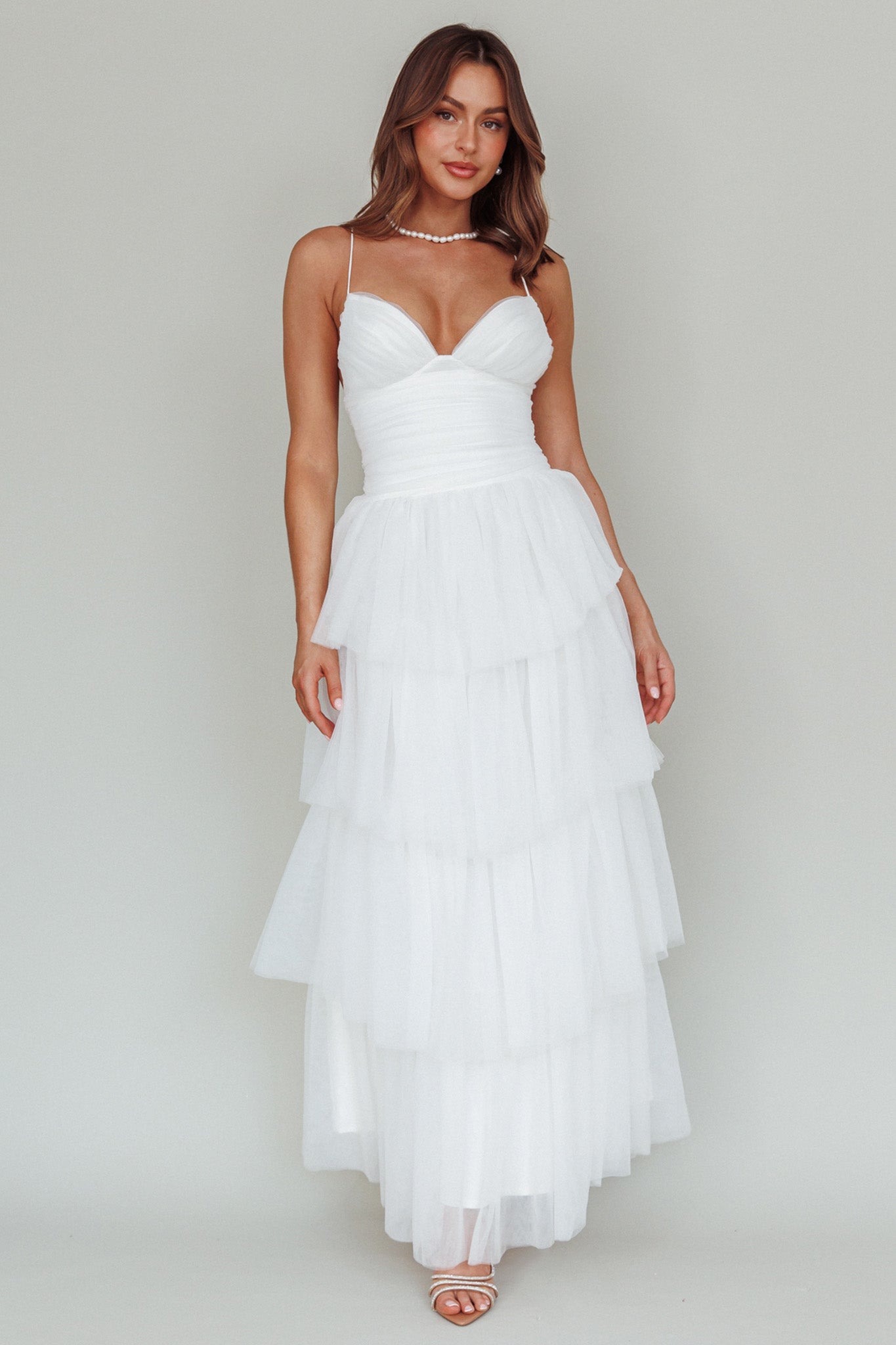 Nightingale Tiered Mesh Maxi Dress White-Maymioy