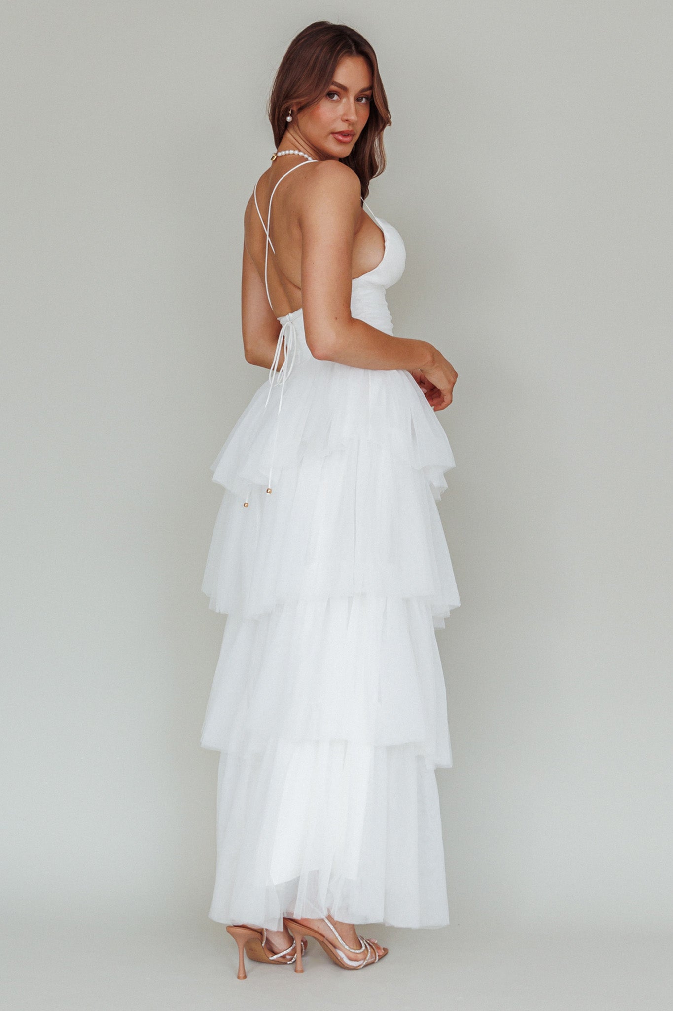 Nightingale Tiered Mesh Maxi Dress White-Maymioy