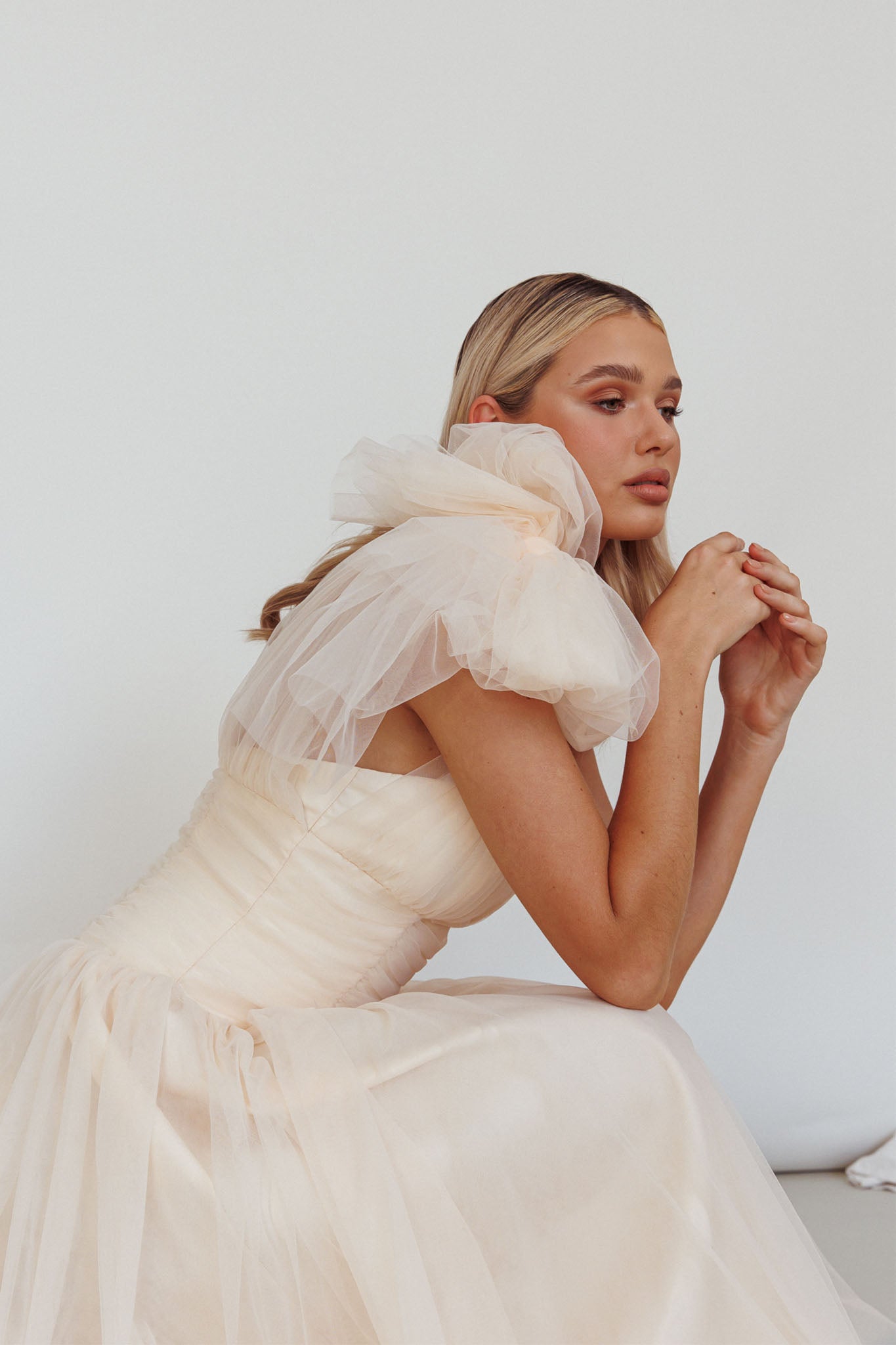 Let's Elope Bow Shoulder Midi Dress Butter-Maymioy