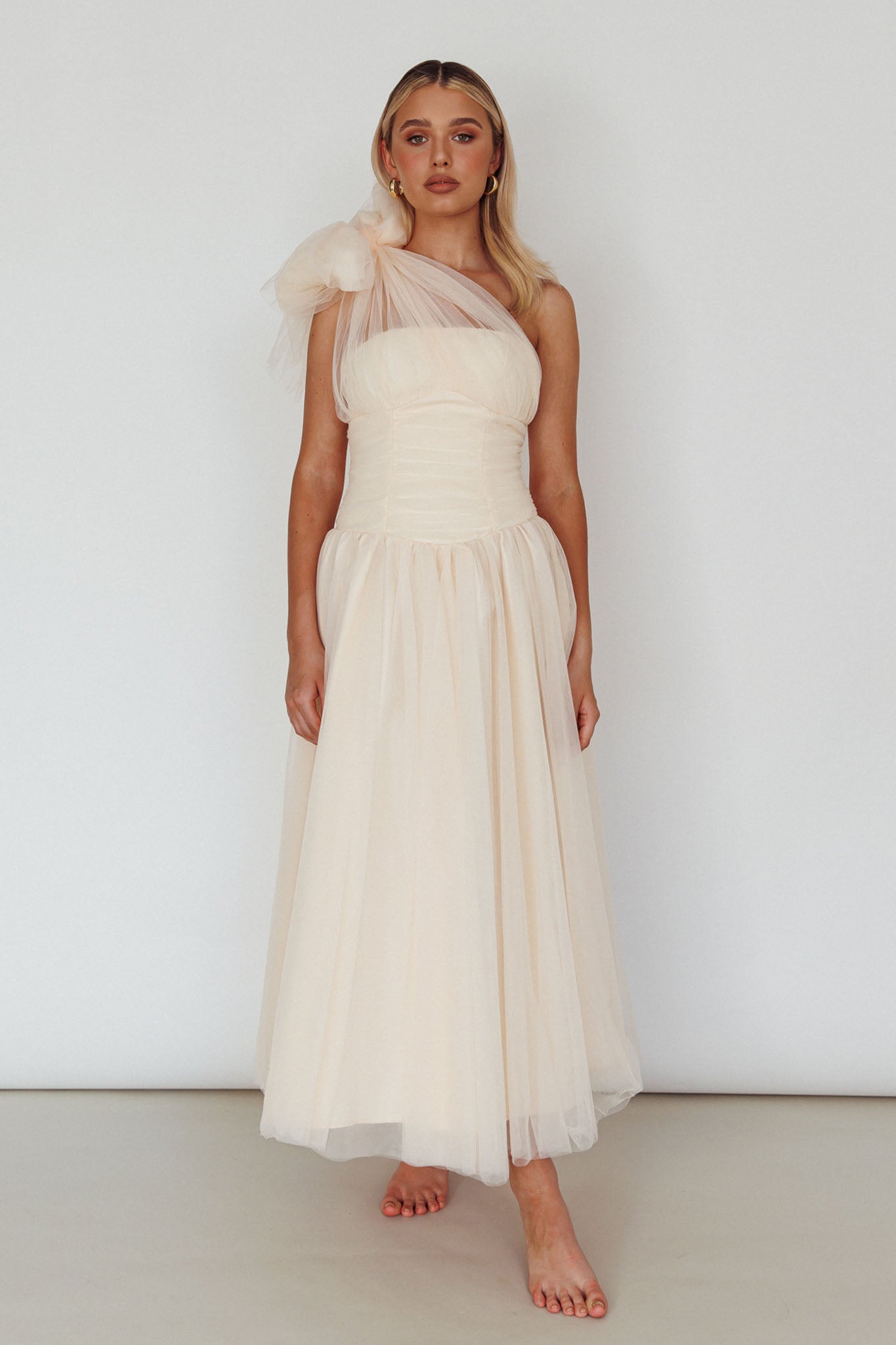 Let's Elope Bow Shoulder Midi Dress Butter-Maymioy