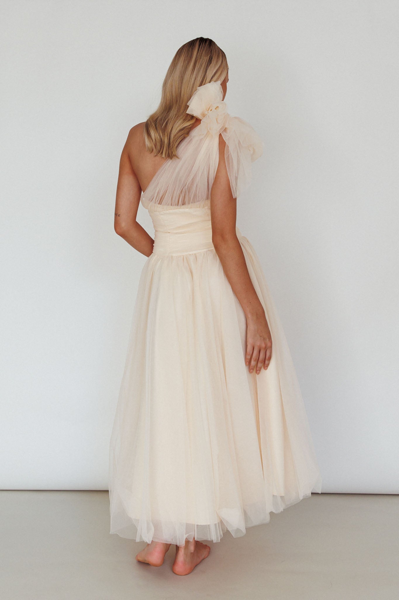 Let's Elope Bow Shoulder Midi Dress Butter-Maymioy