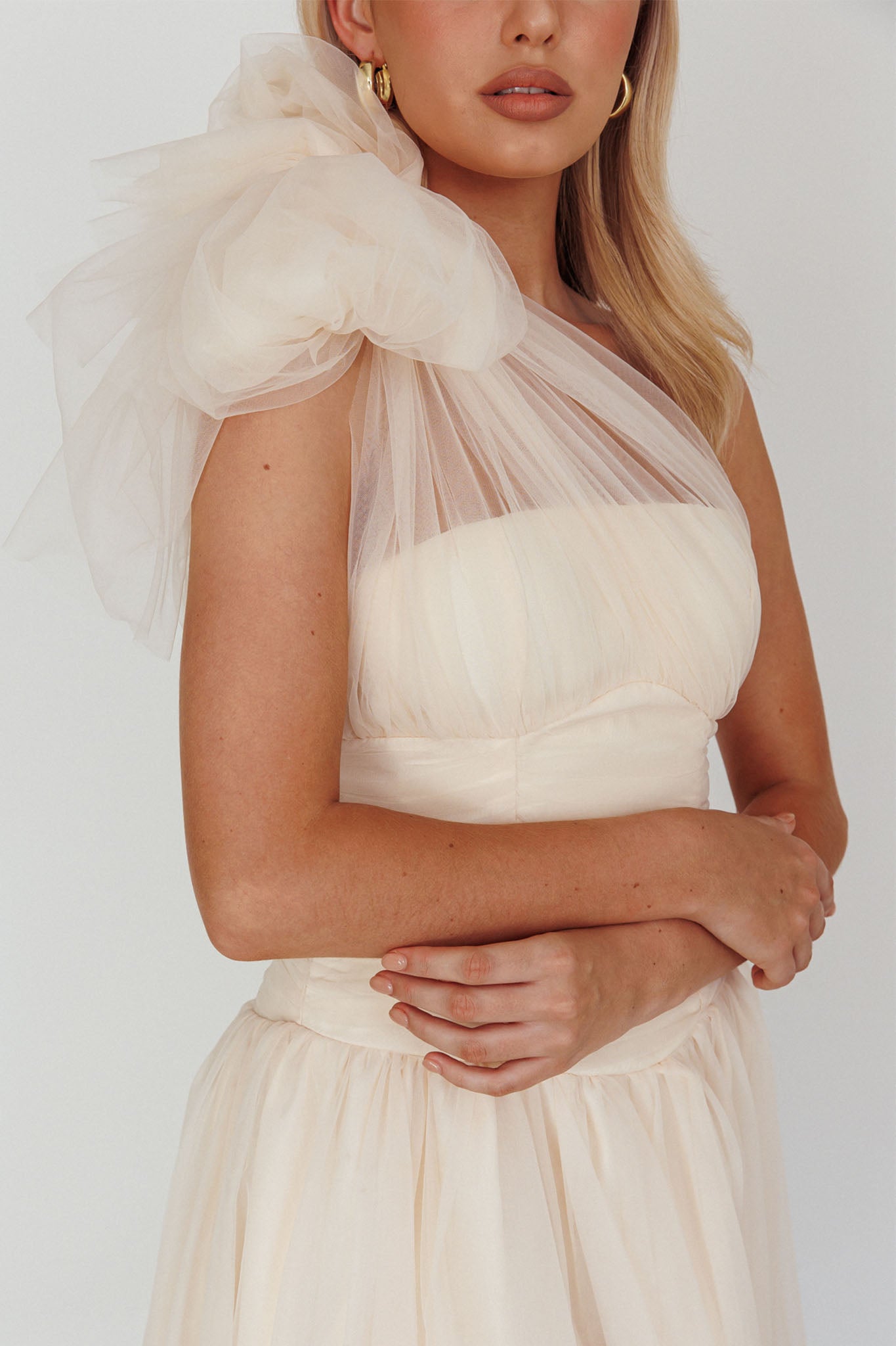 Let's Elope Bow Shoulder Midi Dress Butter-Maymioy