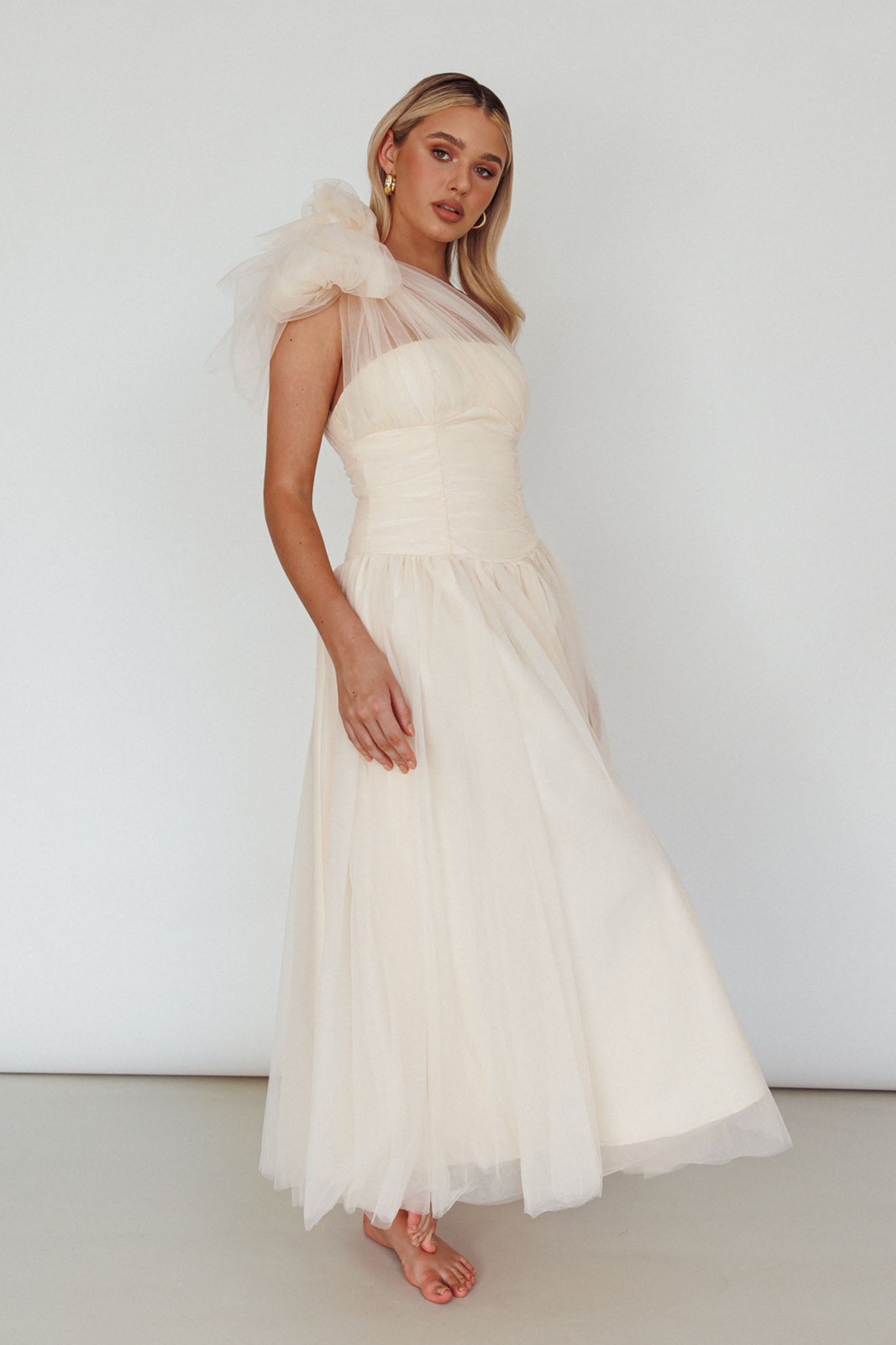 Let's Elope Bow Shoulder Midi Dress Butter-Maymioy