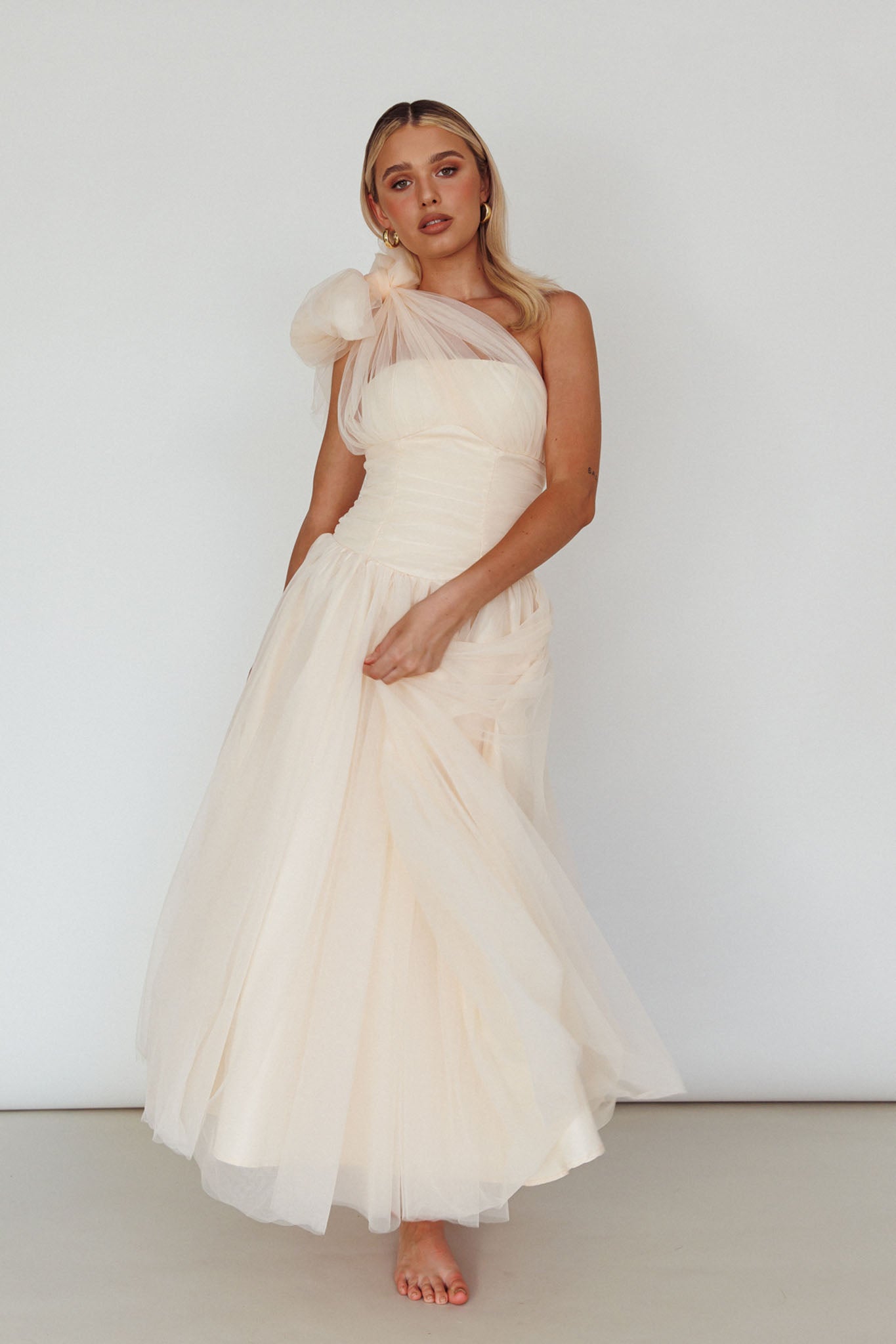 Let's Elope Bow Shoulder Midi Dress Butter-Maymioy