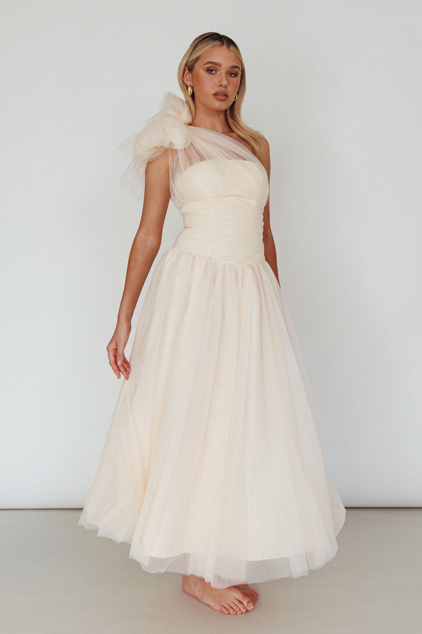 Let's Elope Bow Shoulder Midi Dress Butter-Maymioy