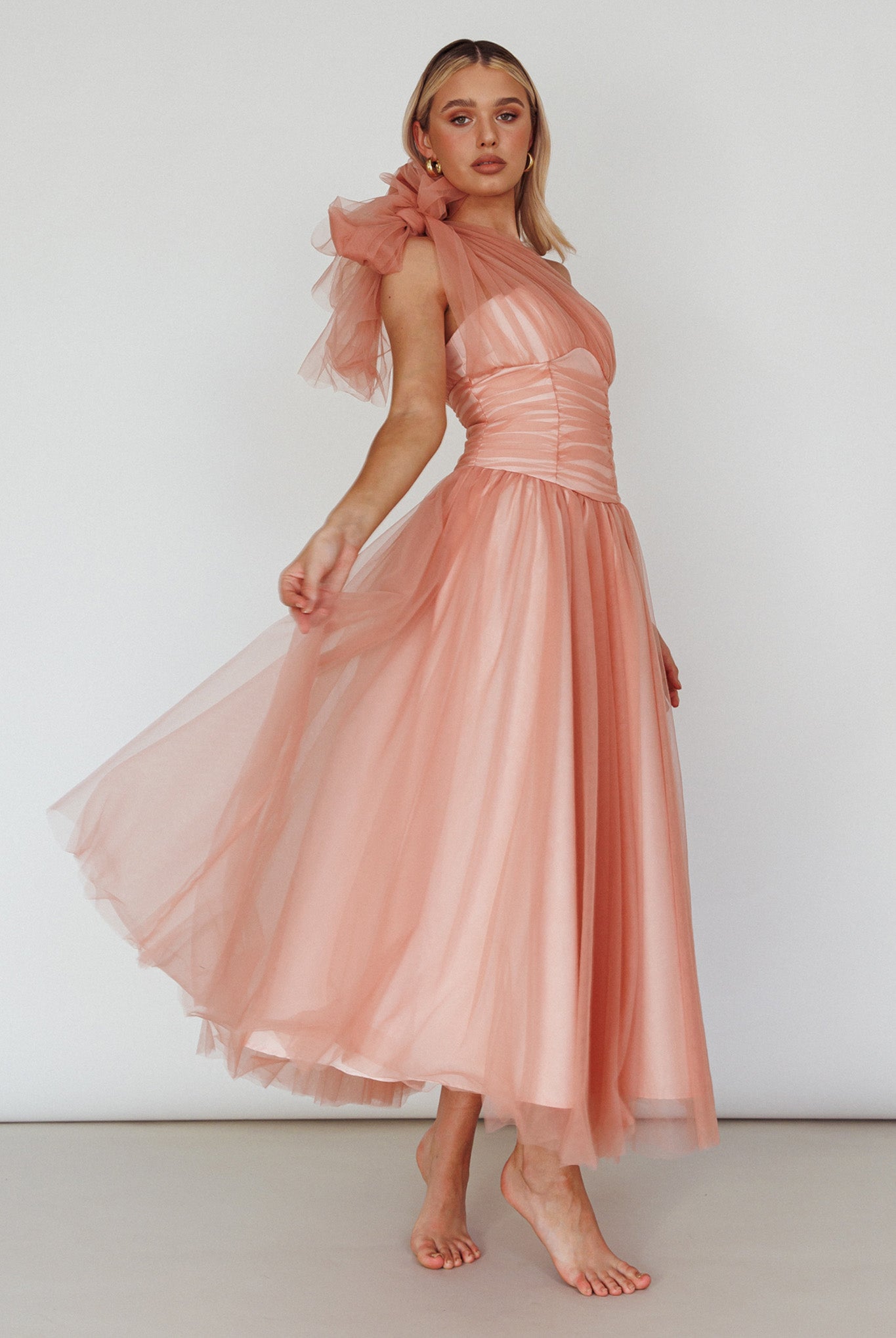 Let's Elope Bow Shoulder Midi Dress Lipstick-Maymioy