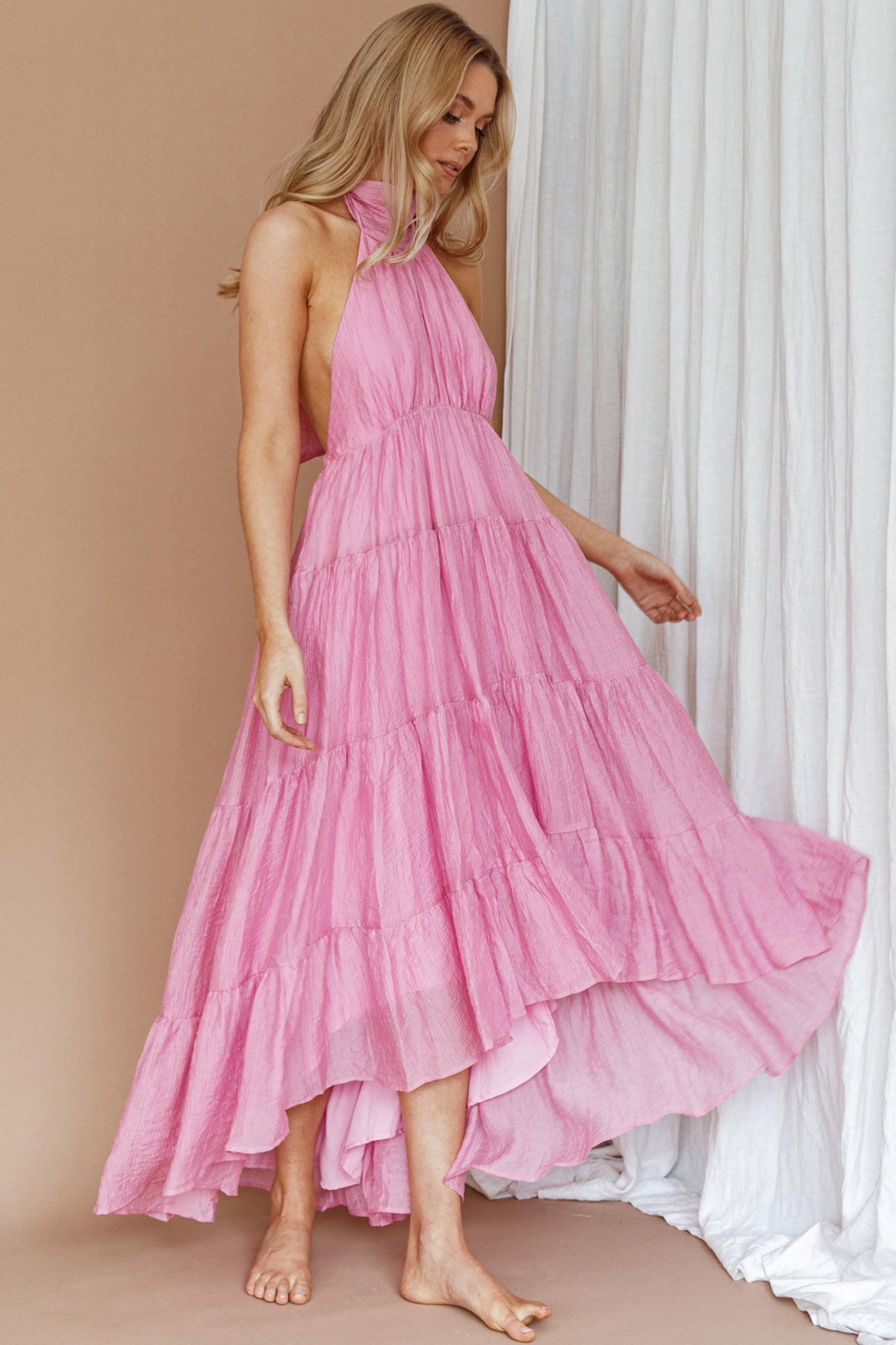 South Haven Halter Midi Dress Pink-Maymioy