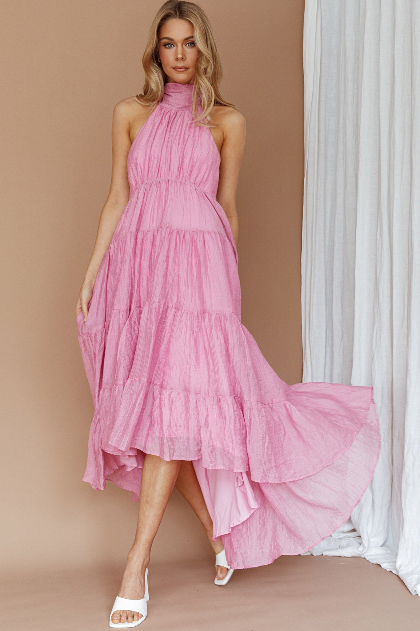 South Haven Halter Midi Dress Pink-Maymioy