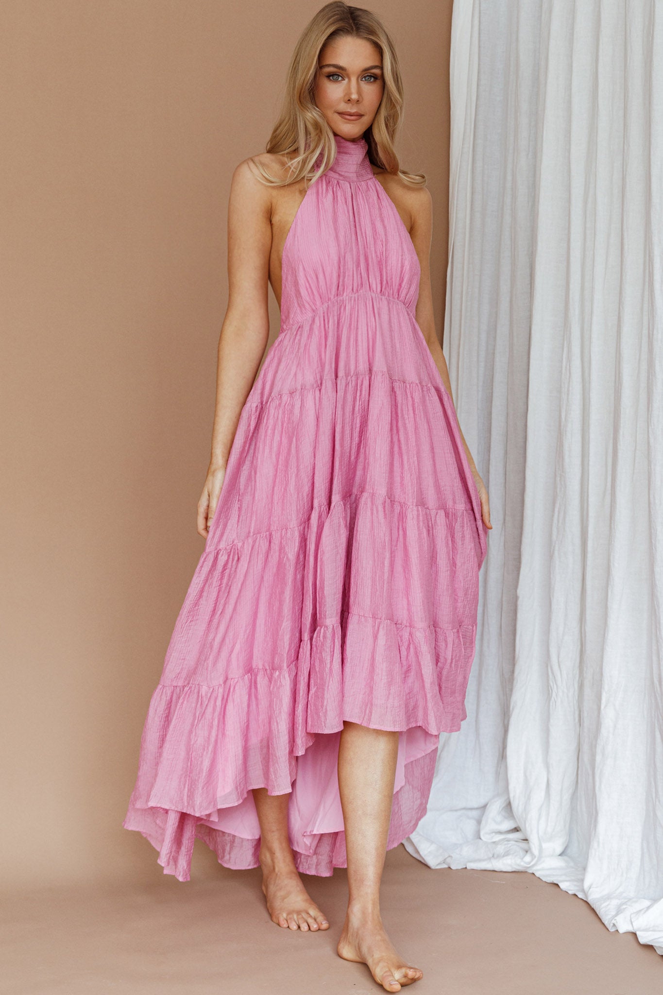 South Haven Halter Midi Dress Pink-Maymioy