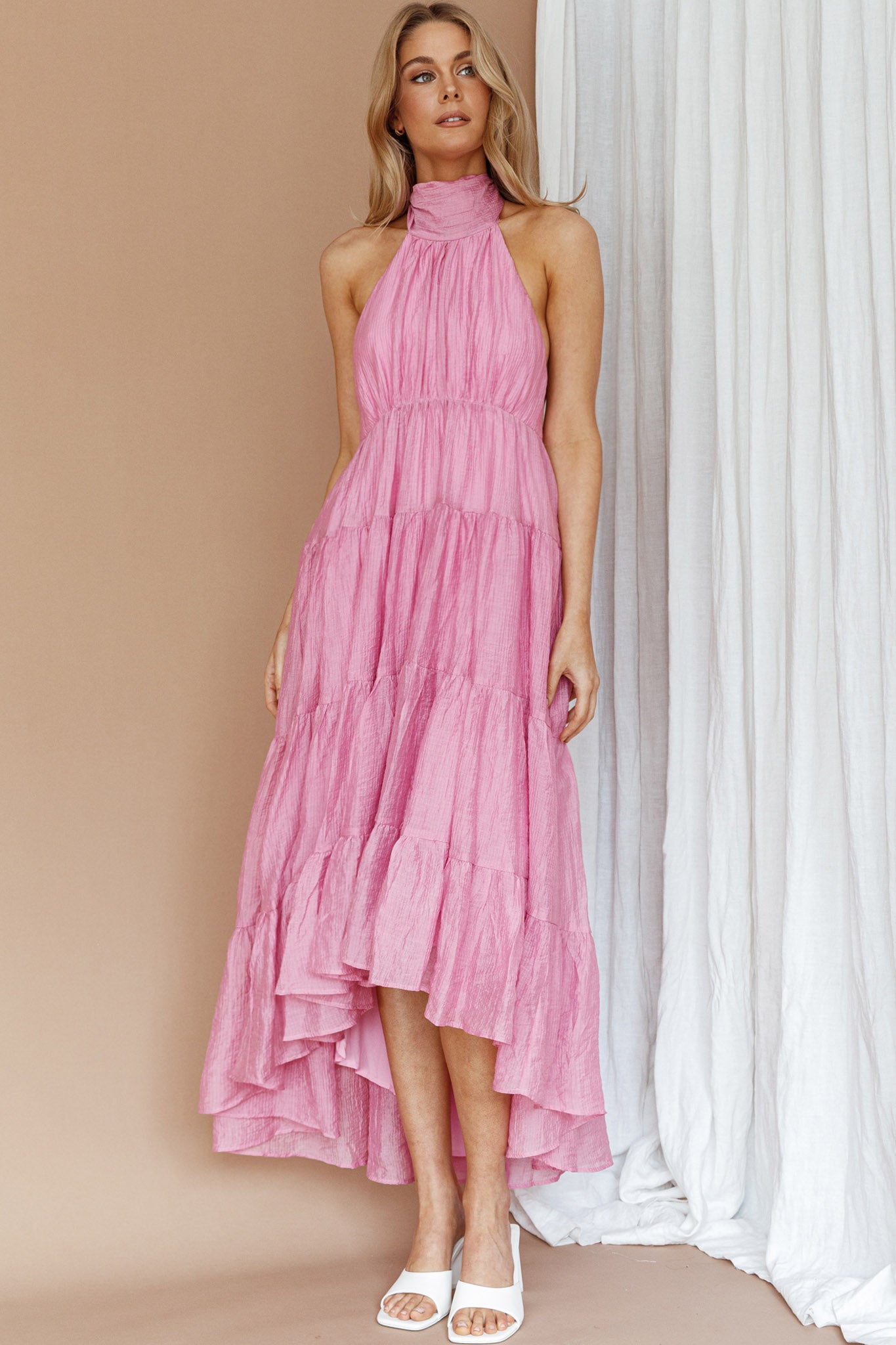 South Haven Halter Midi Dress Pink-Maymioy