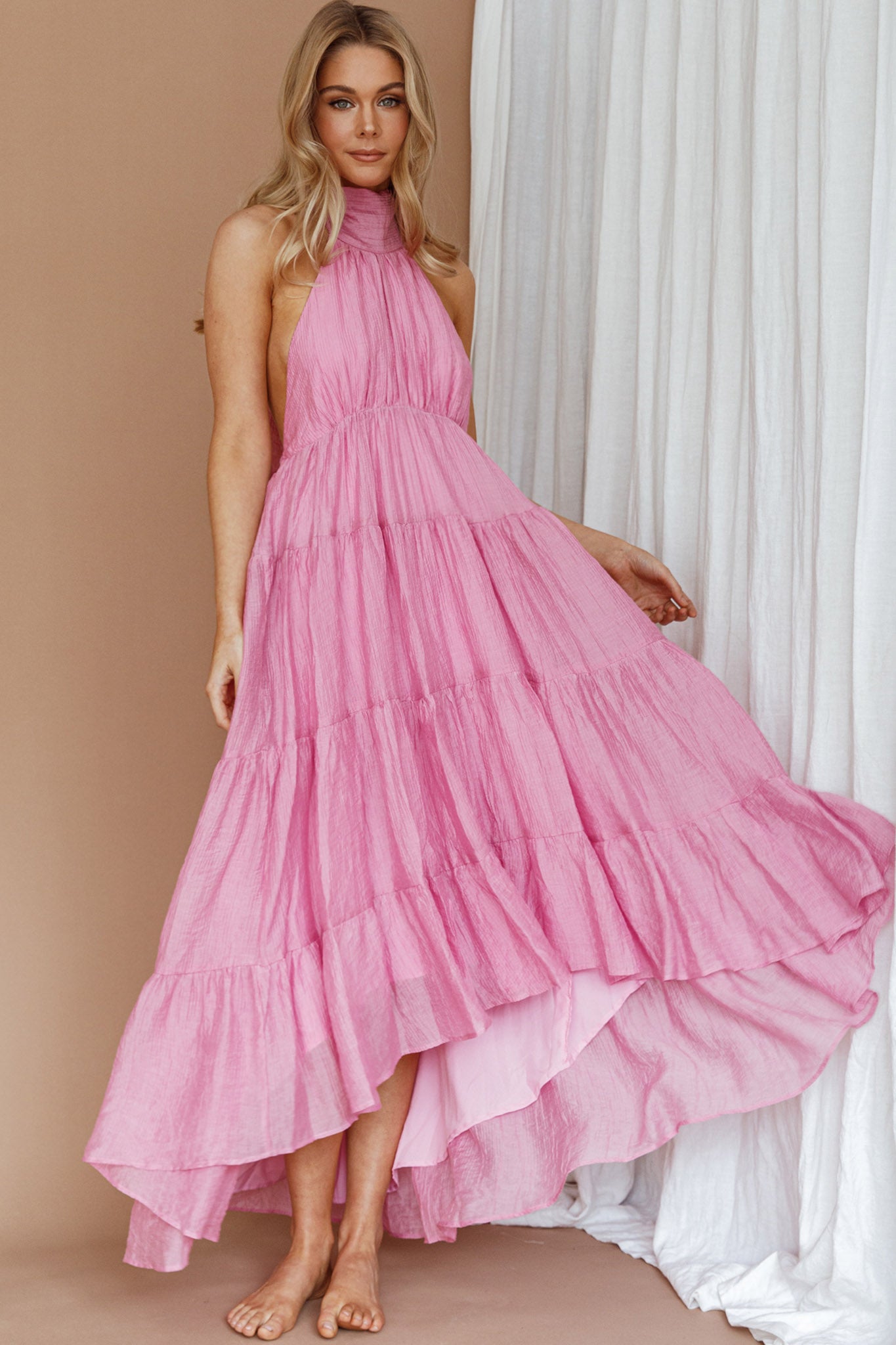 South Haven Halter Midi Dress Pink-Maymioy