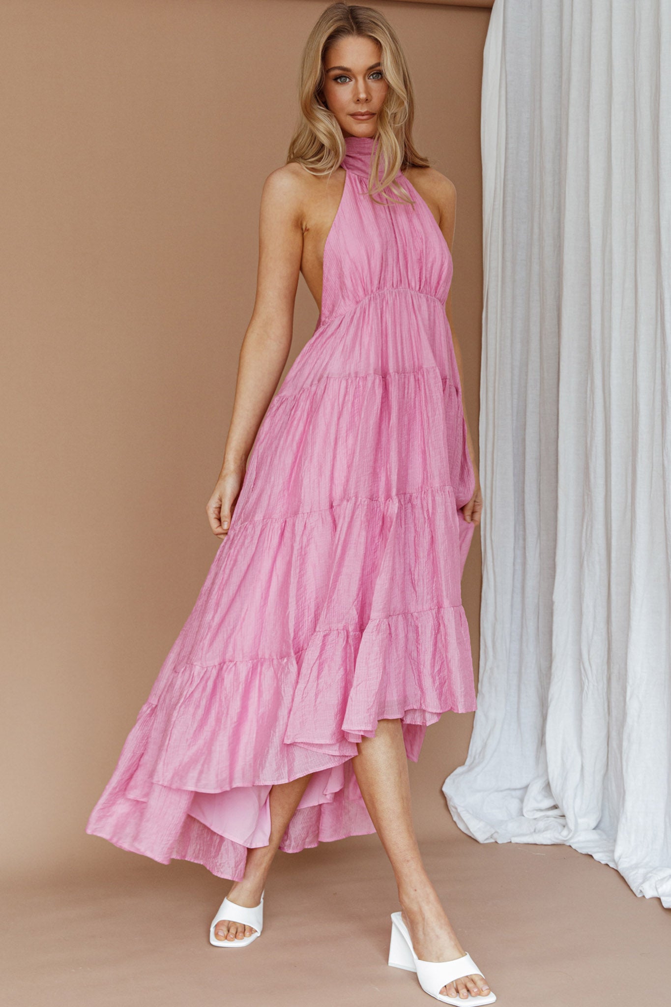 South Haven Halter Midi Dress Pink-Maymioy