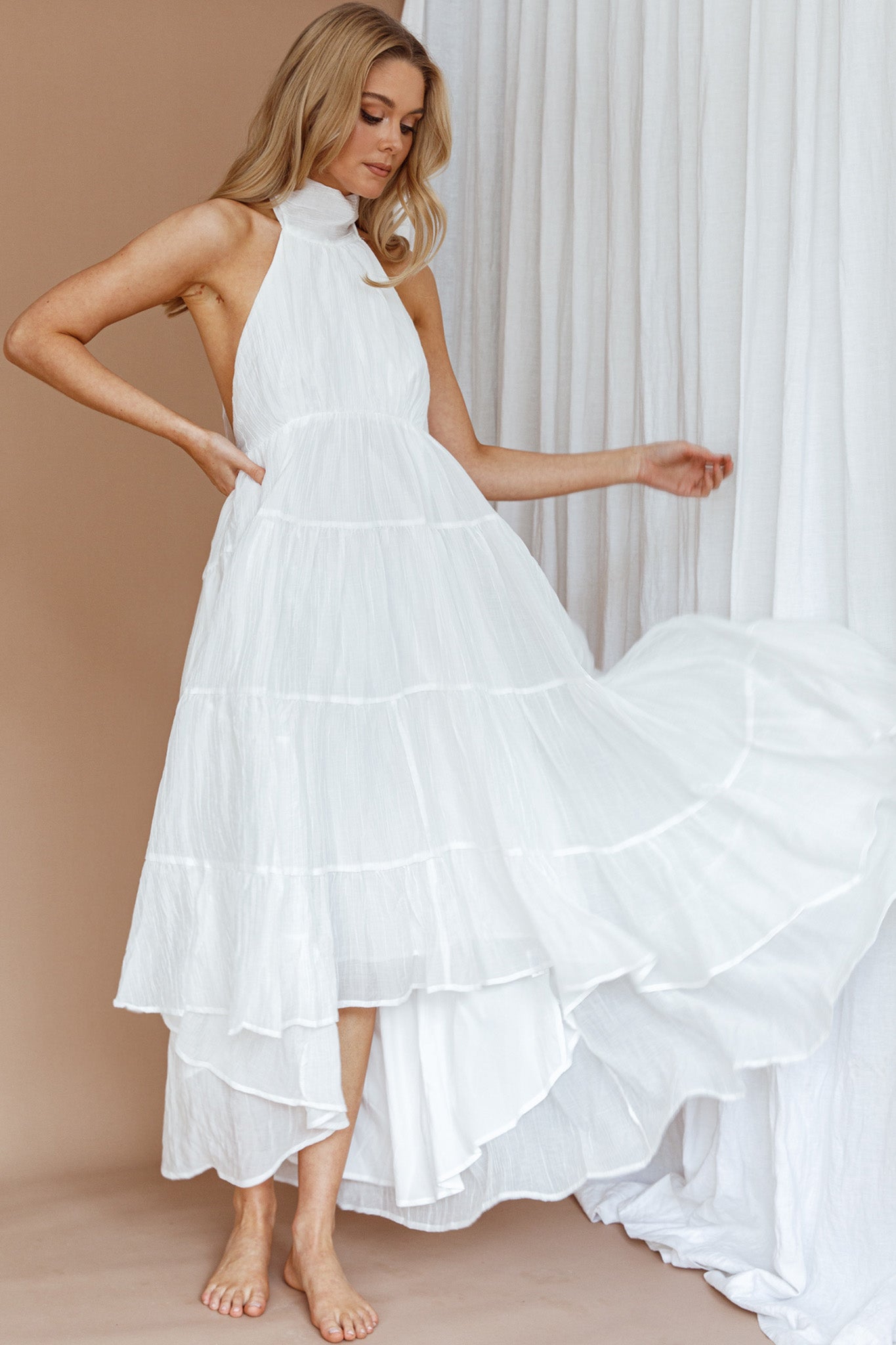 South Haven Halter Midi Dress White-Maymioy