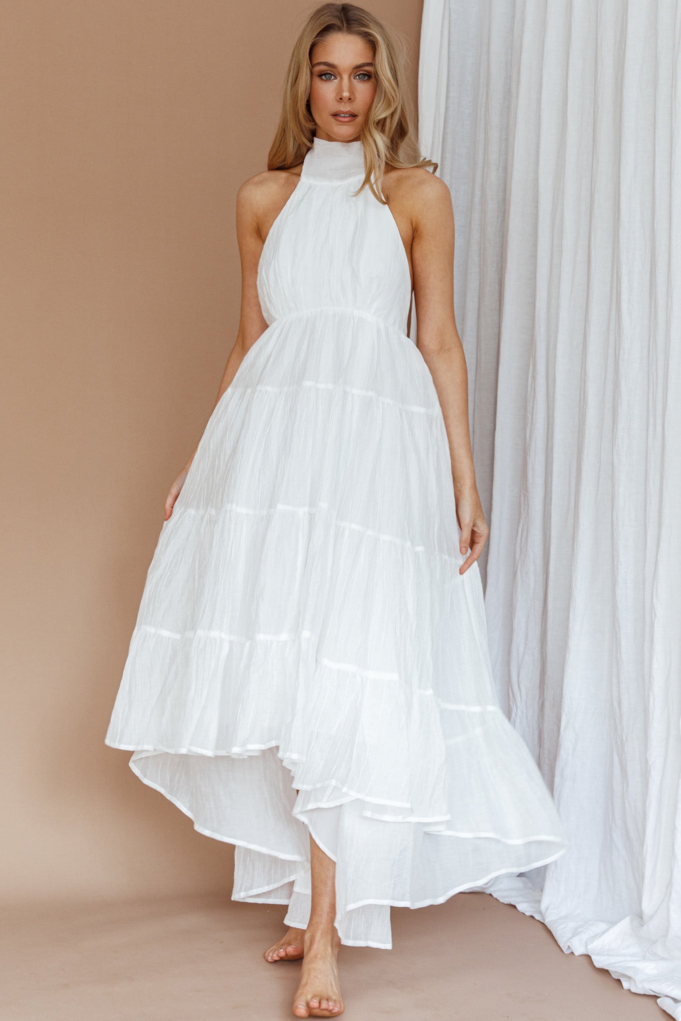 South Haven Halter Midi Dress White-Maymioy