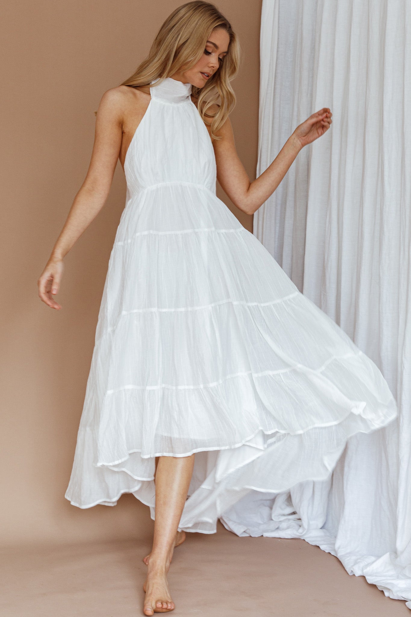 South Haven Halter Midi Dress White-Maymioy