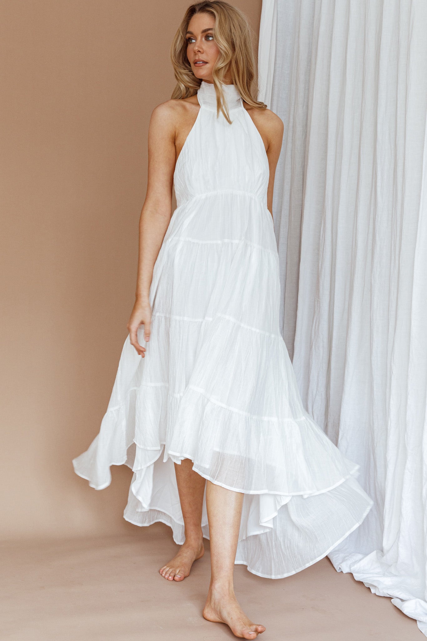 South Haven Halter Midi Dress White-Maymioy
