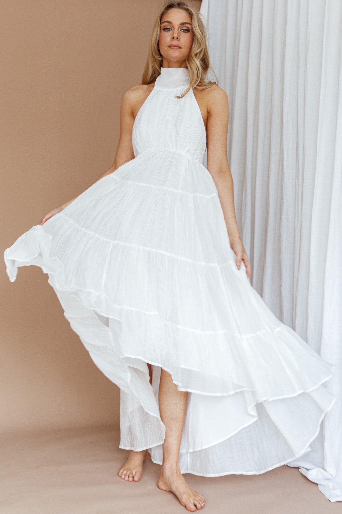 South Haven Halter Midi Dress White-Maymioy