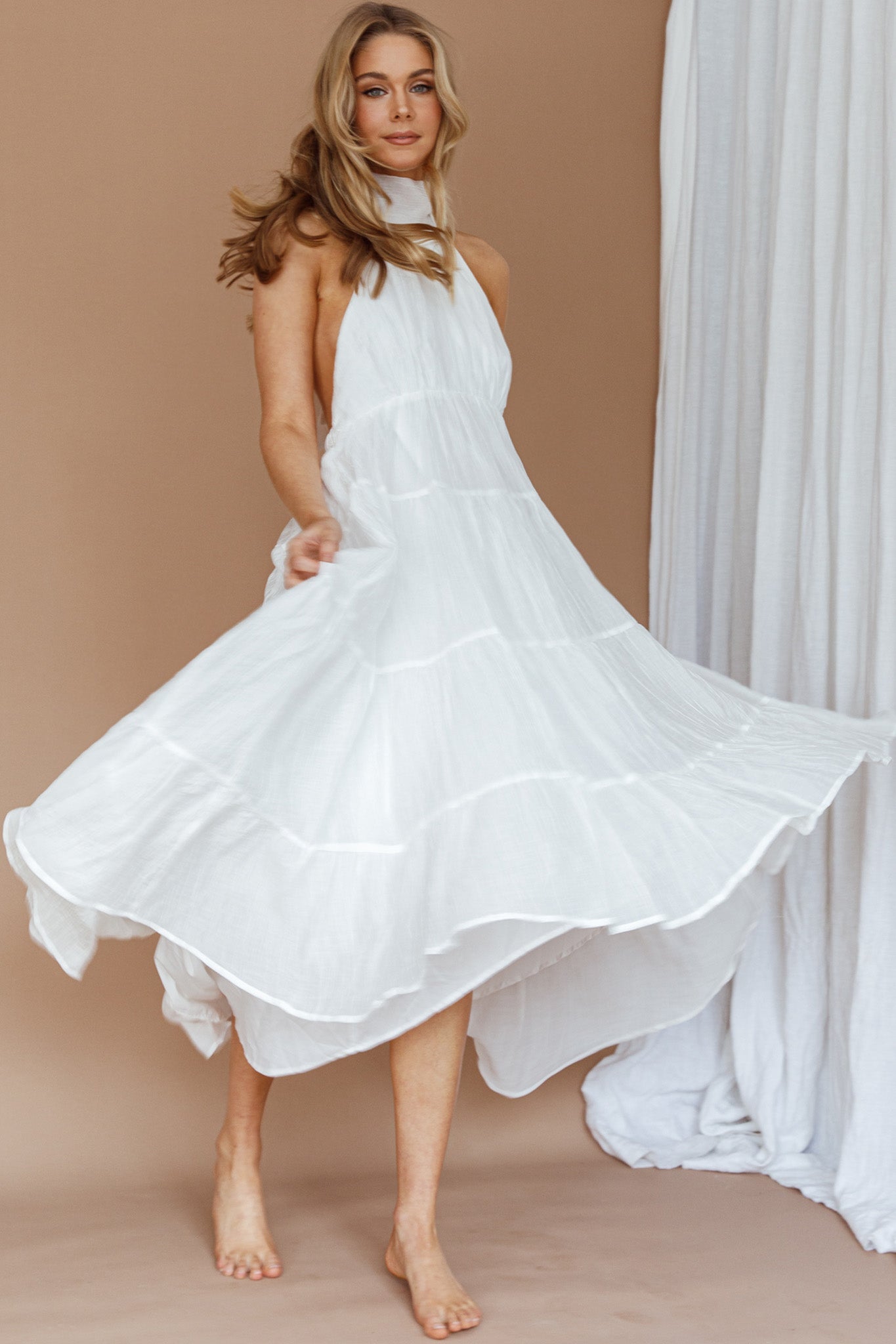 South Haven Halter Midi Dress White-Maymioy