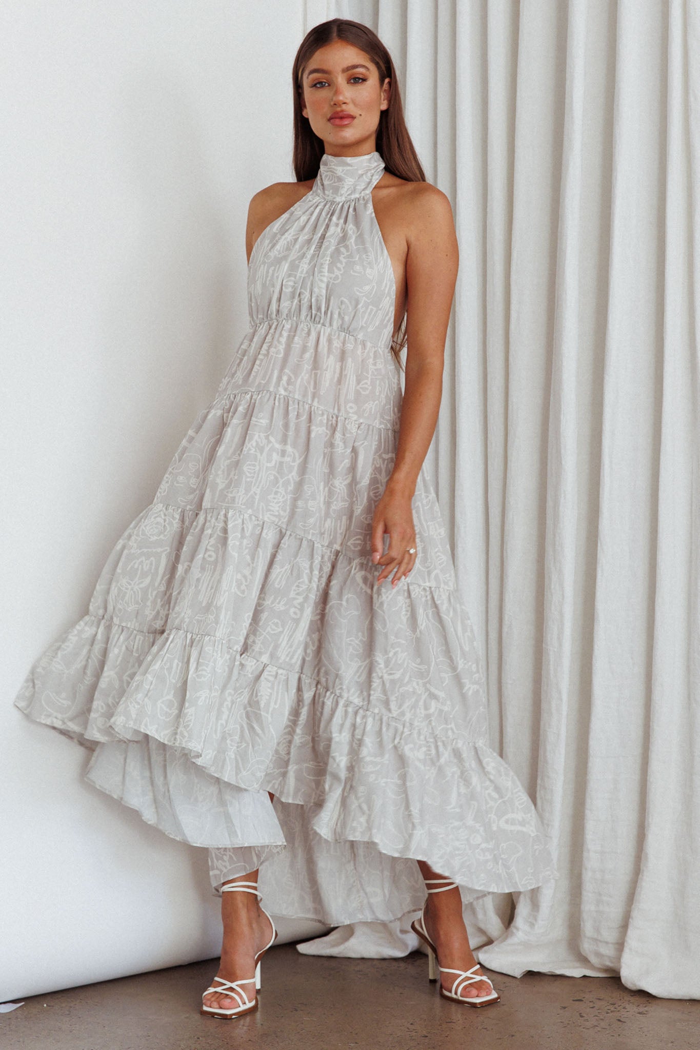 South Haven Halter Midi Dress Floral Beige-Maymioy