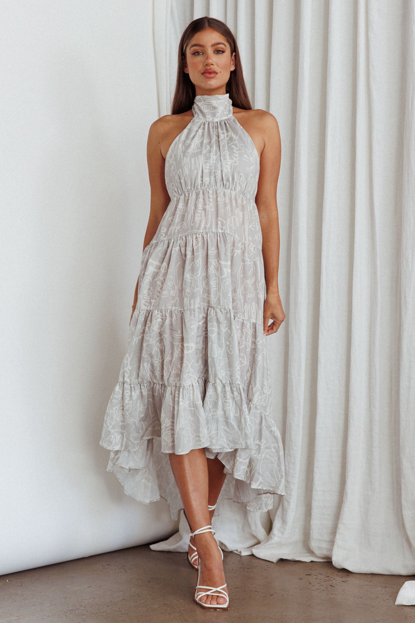 South Haven Halter Midi Dress Floral Beige-Maymioy