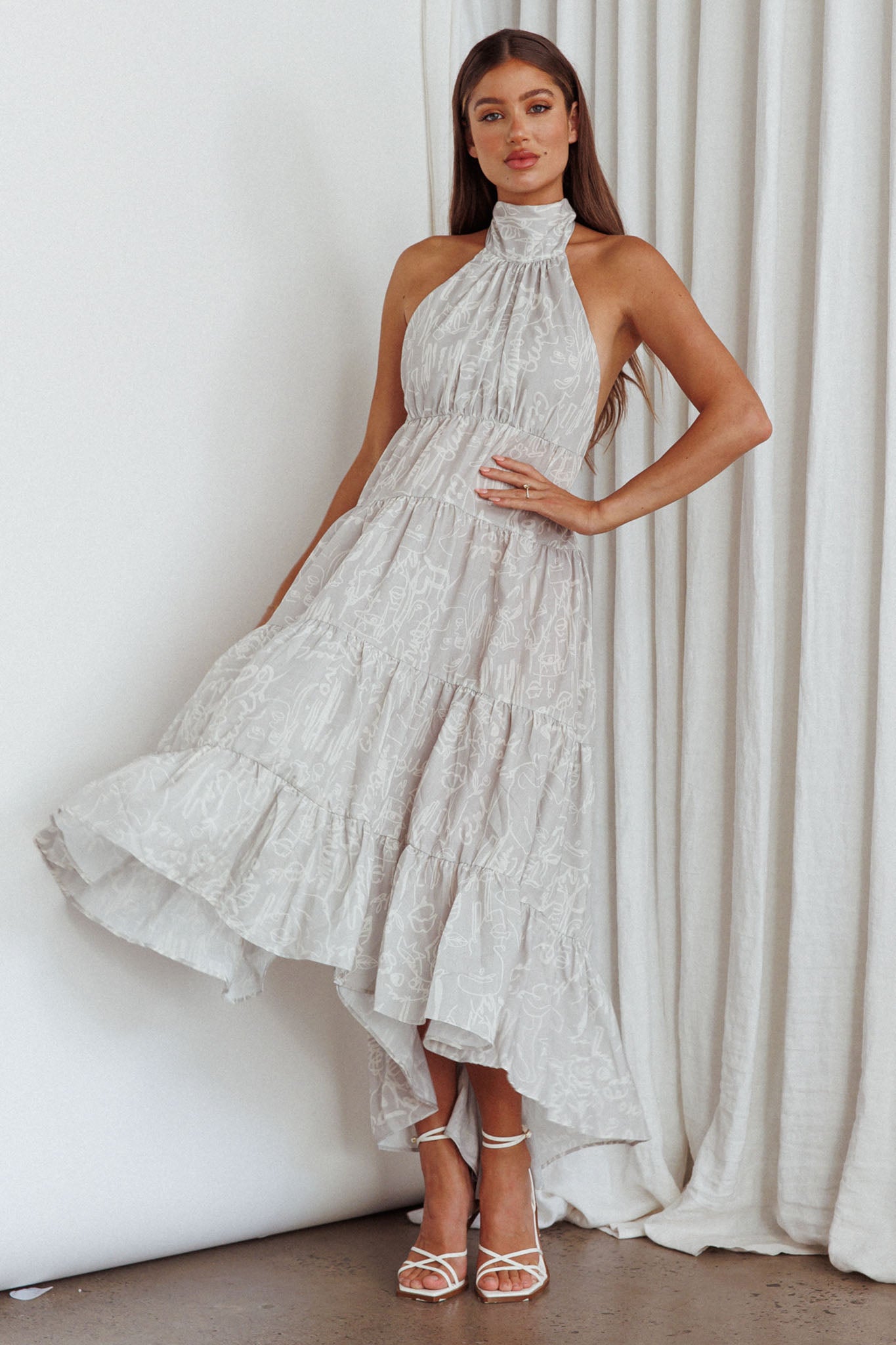 South Haven Halter Midi Dress Floral Beige-Maymioy
