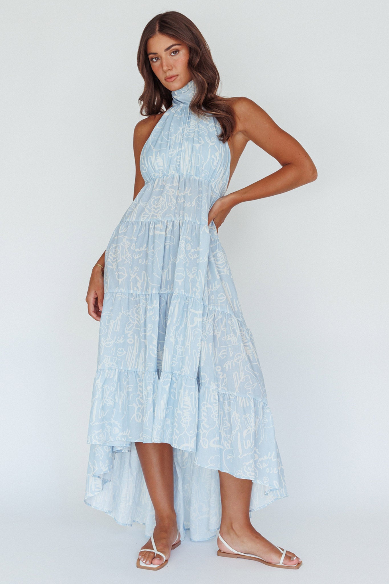 South Haven Halter Midi Dress Floral Blue-Maymioy
