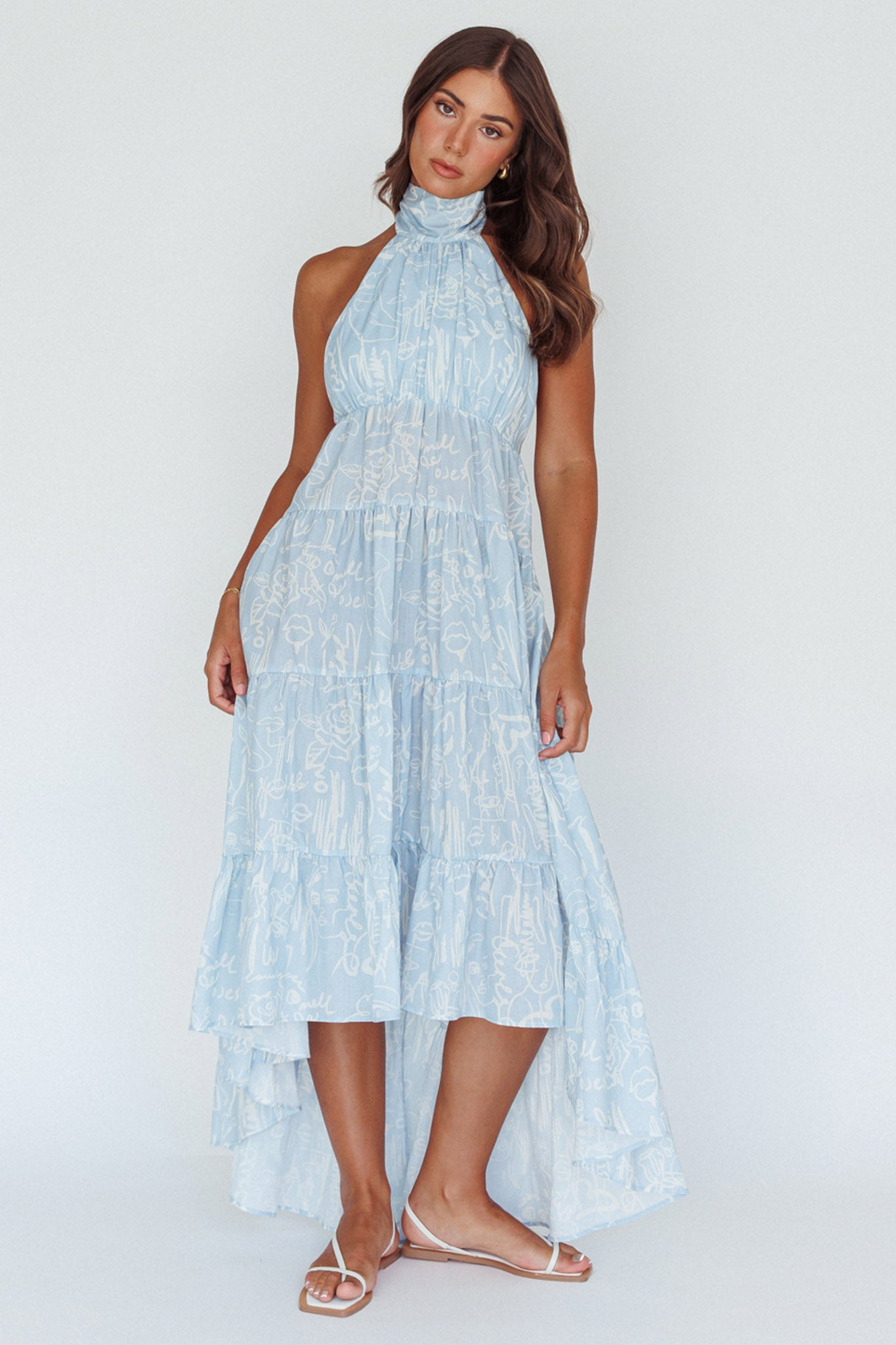 South Haven Halter Midi Dress Floral Blue-Maymioy