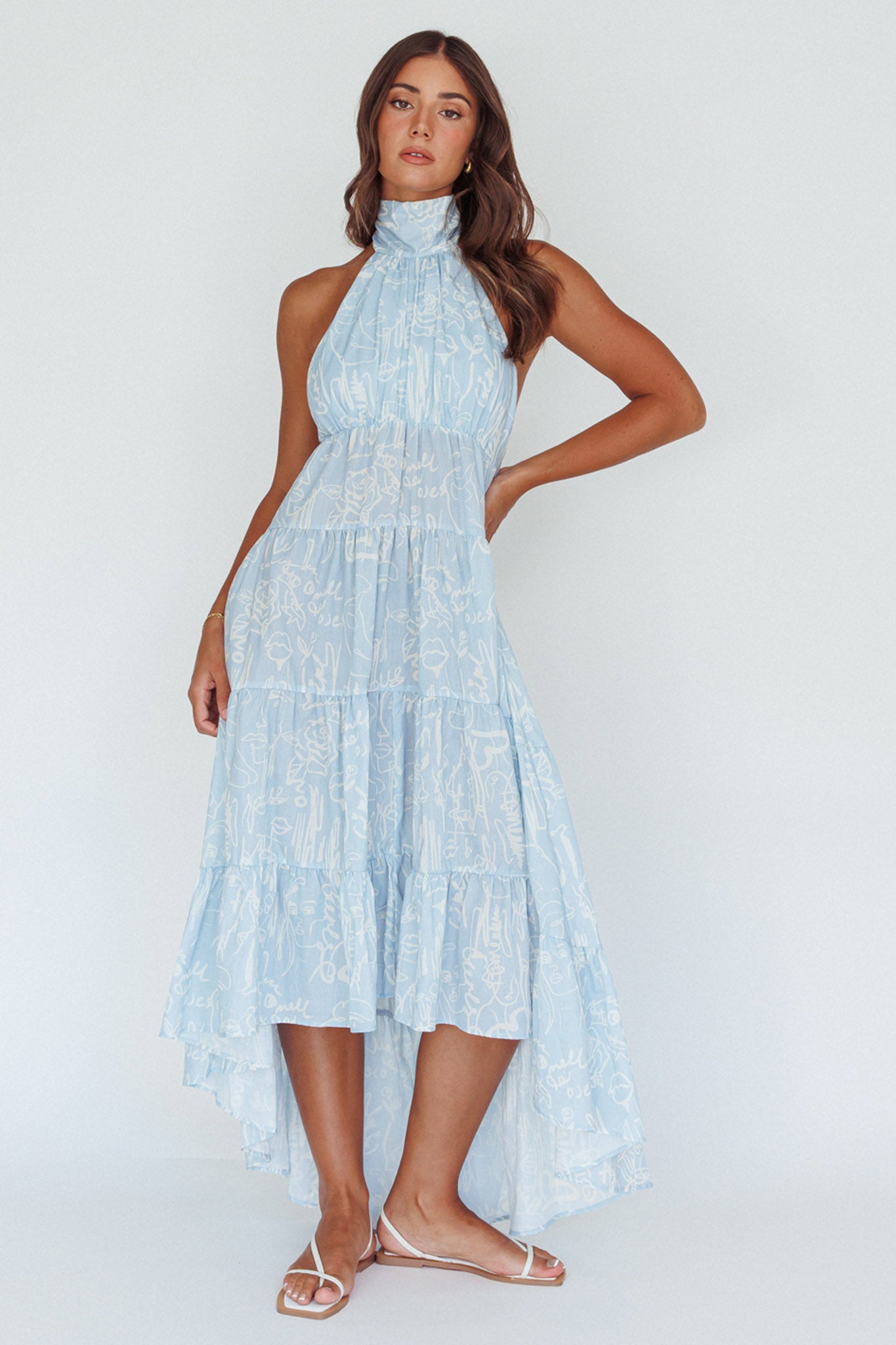 South Haven Halter Midi Dress Floral Blue-Maymioy