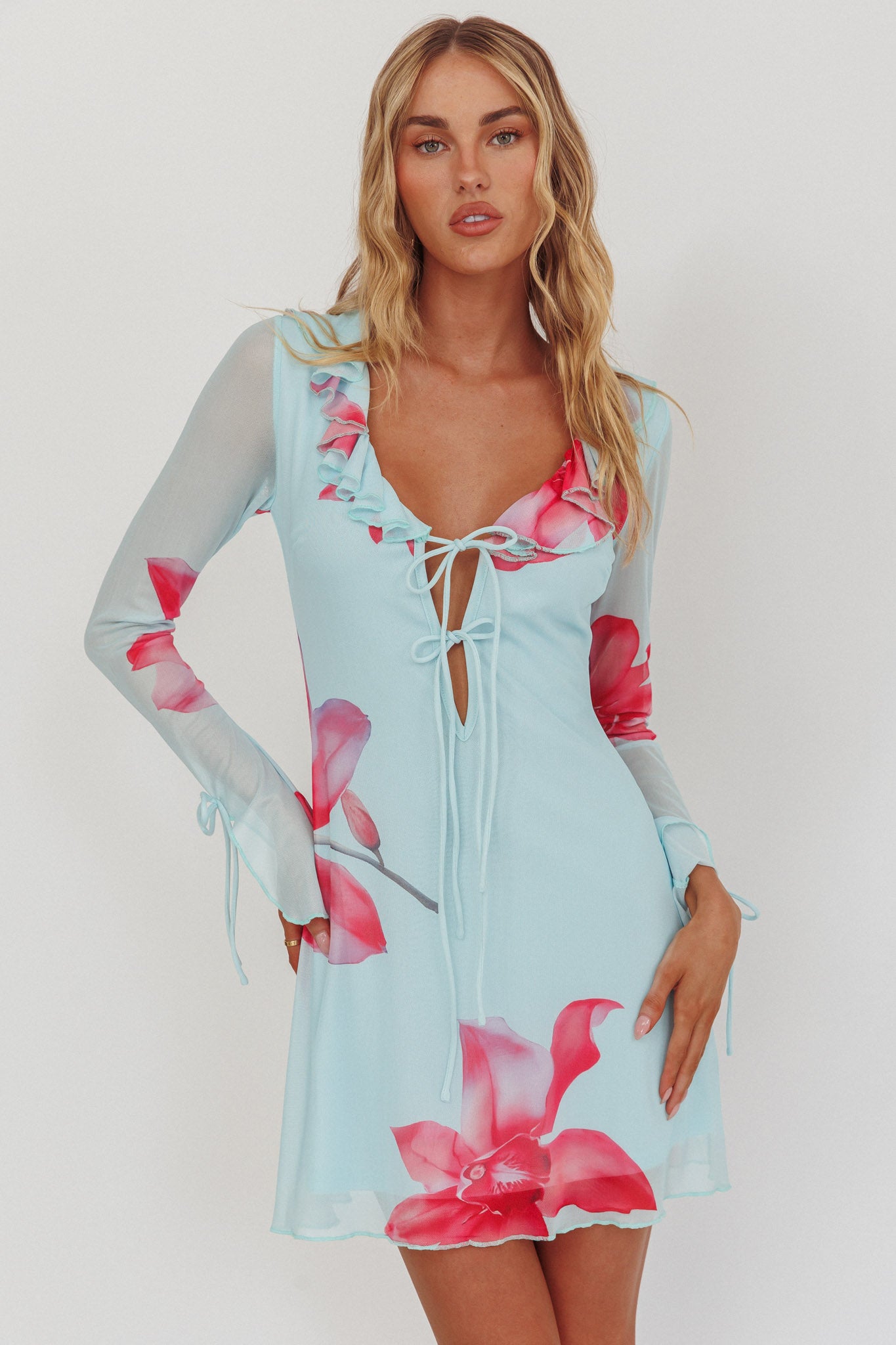 Sea Dreaming Ruffle Trim Mini Dress Floral Blue-Maymioy