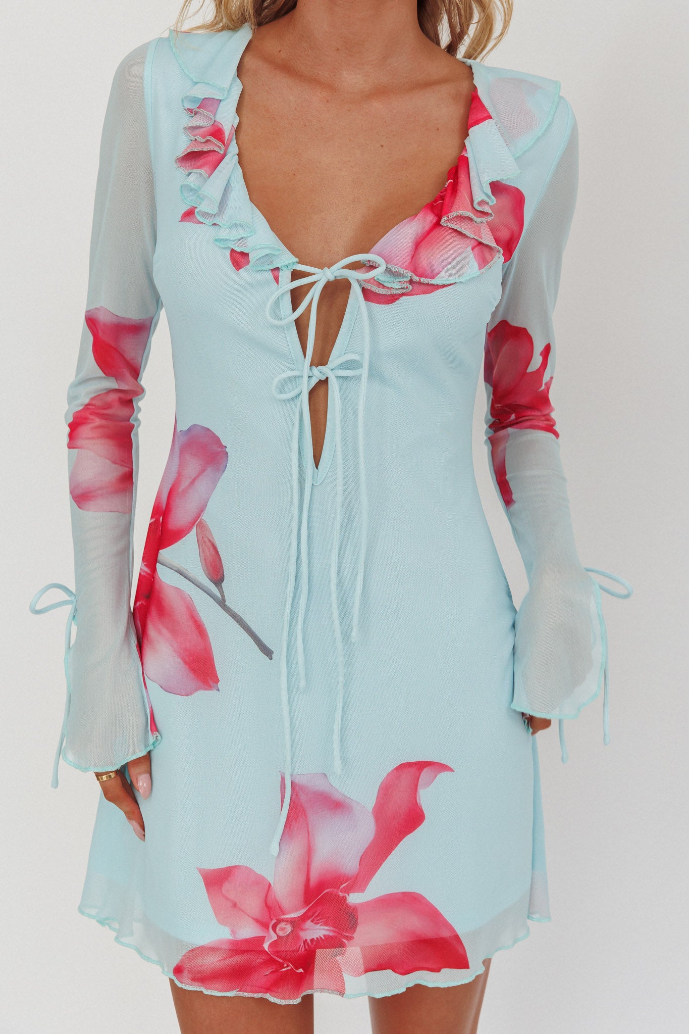 Sea Dreaming Ruffle Trim Mini Dress Floral Blue-Maymioy