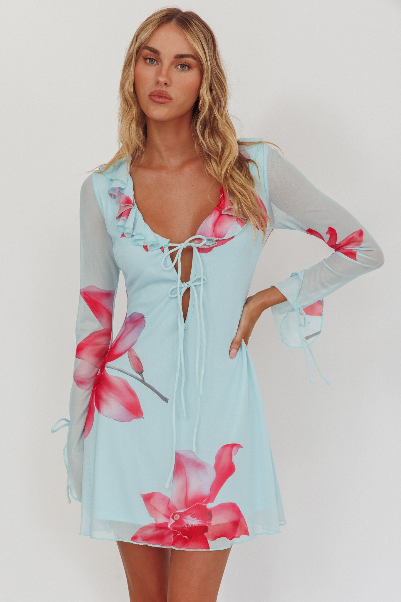 Sea Dreaming Ruffle Trim Mini Dress Floral Blue-Maymioy