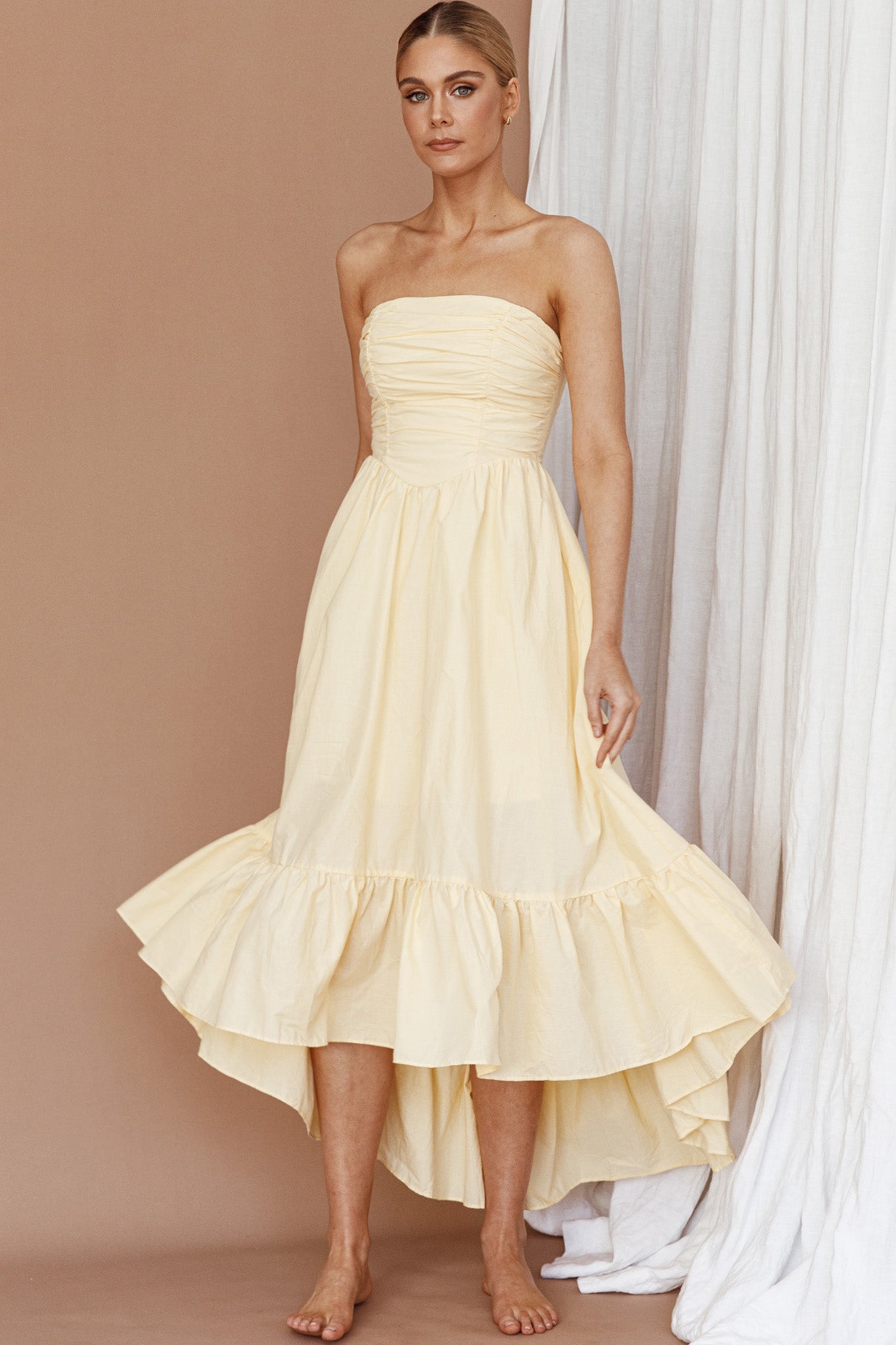 Sunday Mornings Ruched Bust Midi Dress Lemon-Maymioy