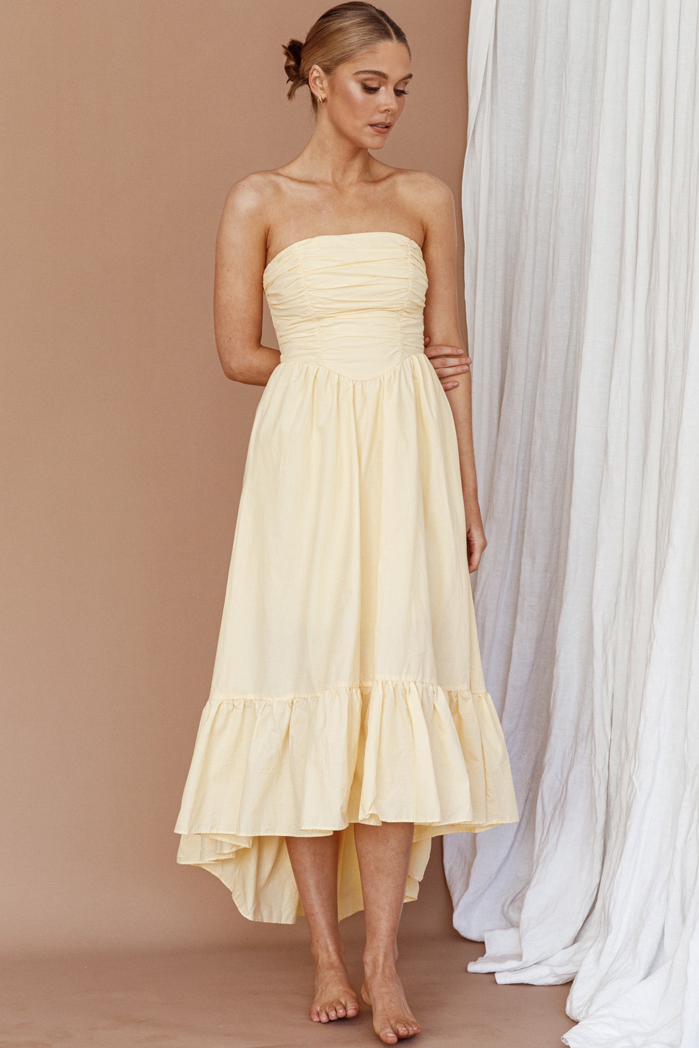 Sunday Mornings Ruched Bust Midi Dress Lemon-Maymioy