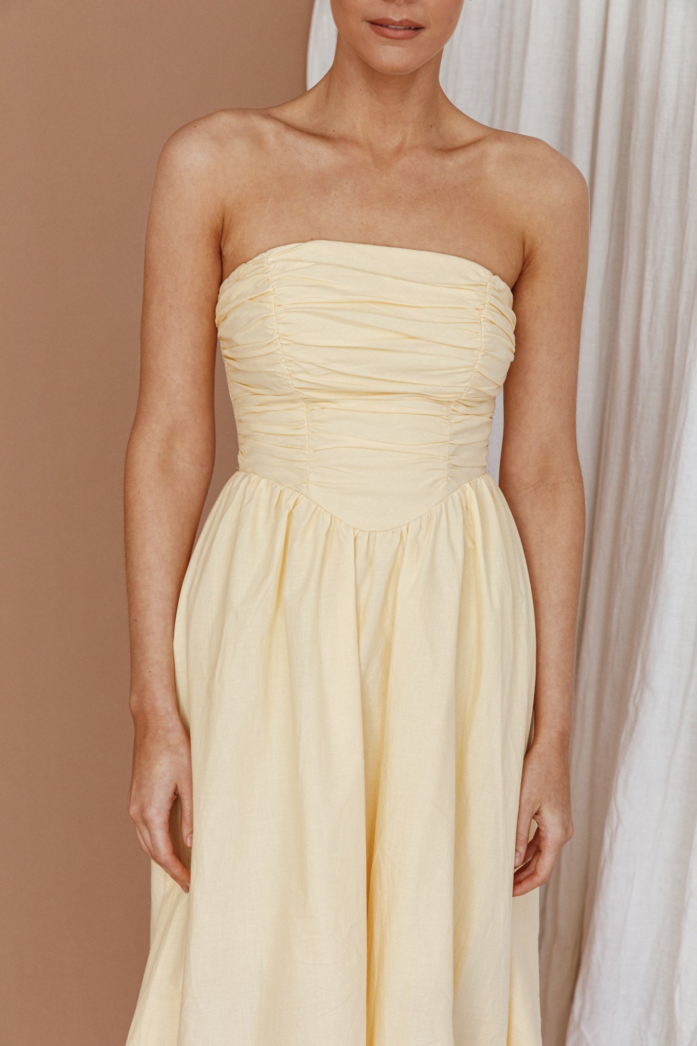 Sunday Mornings Ruched Bust Midi Dress Lemon-Maymioy