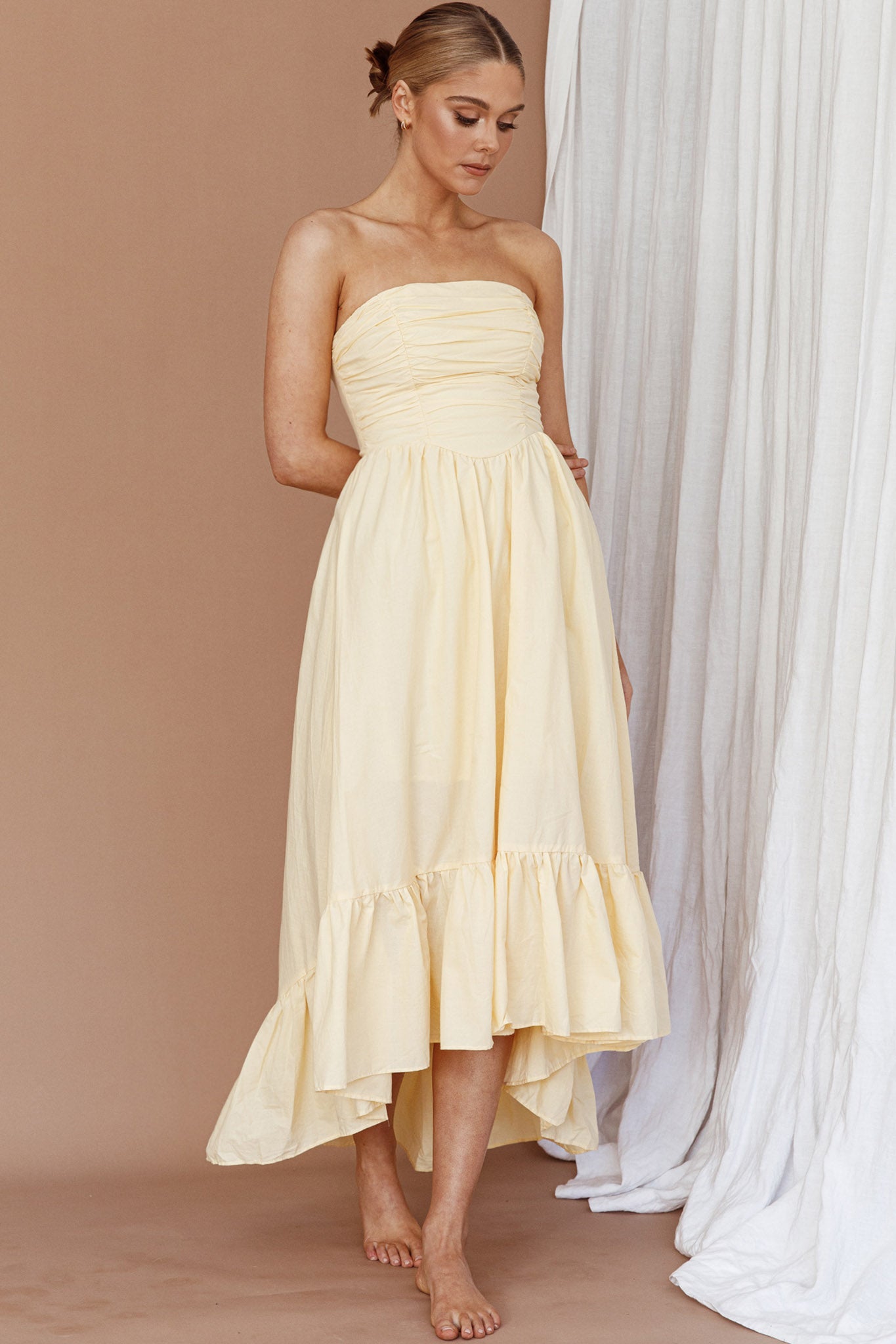 Sunday Mornings Ruched Bust Midi Dress Lemon-Maymioy