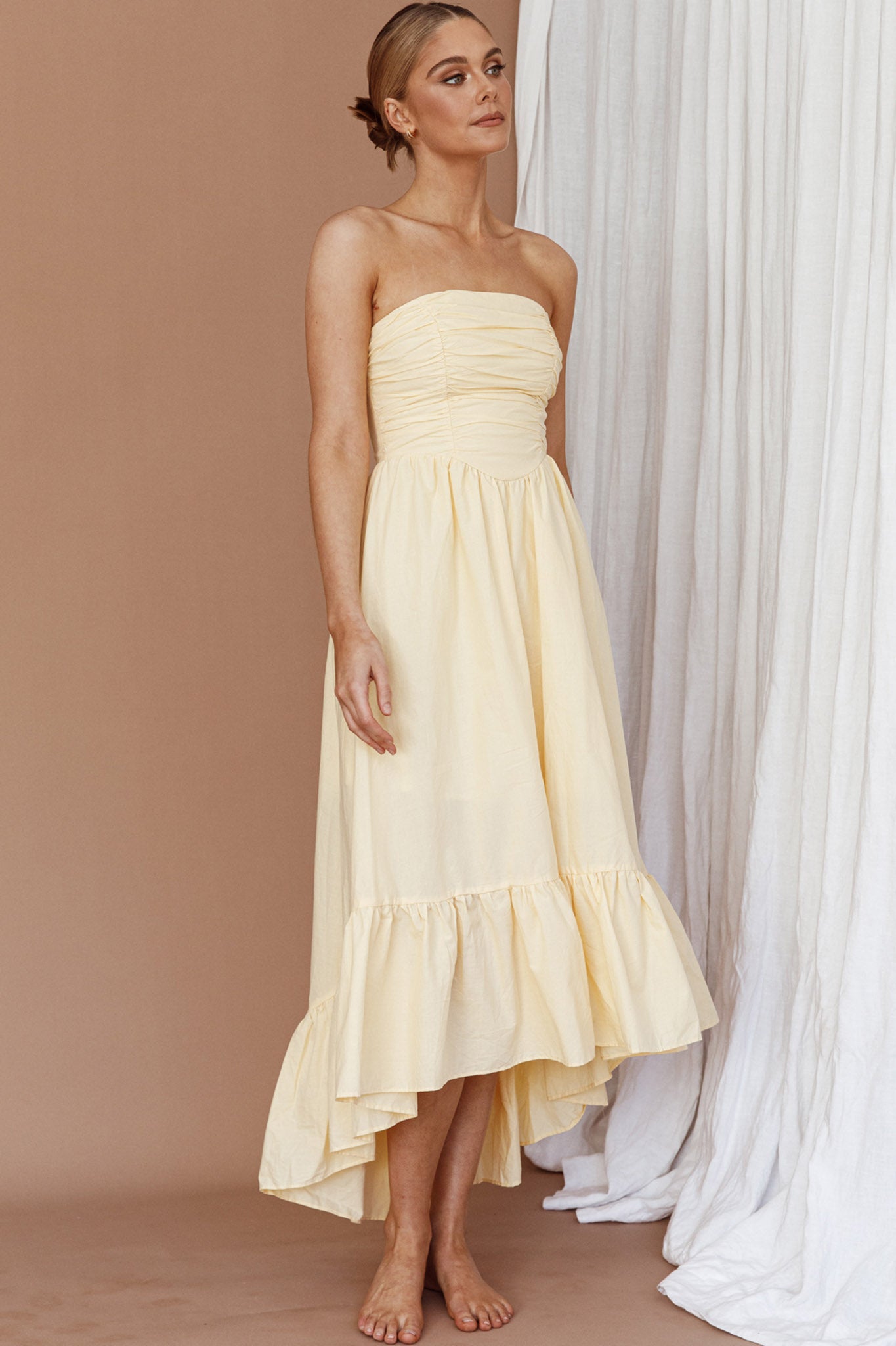 Sunday Mornings Ruched Bust Midi Dress Lemon-Maymioy