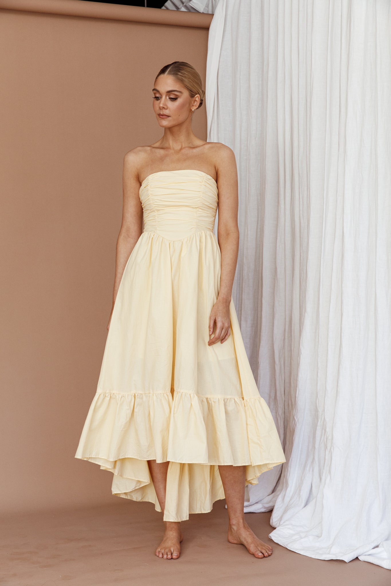 Sunday Mornings Ruched Bust Midi Dress Lemon-Maymioy