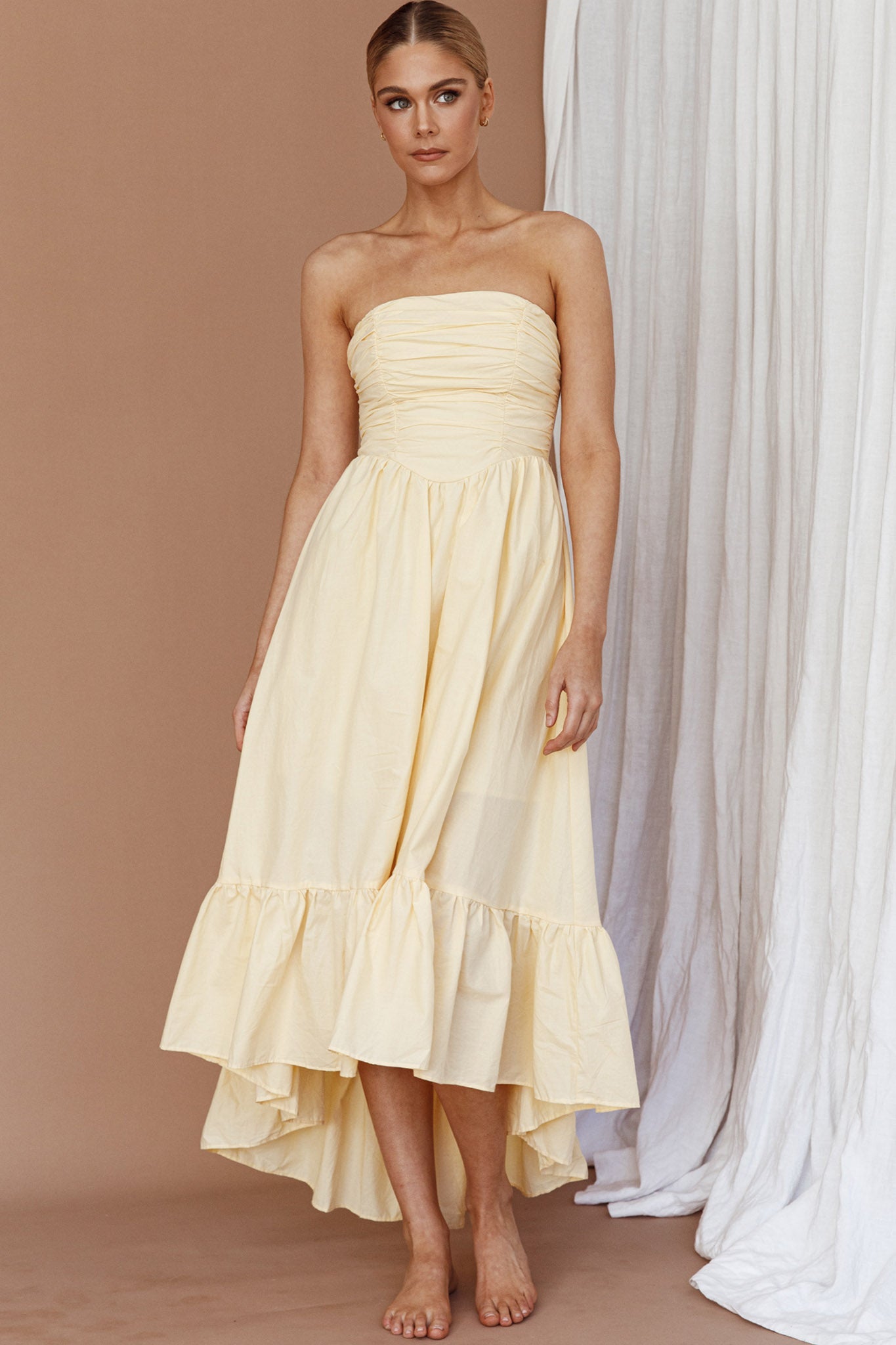 Sunday Mornings Ruched Bust Midi Dress Lemon-Maymioy