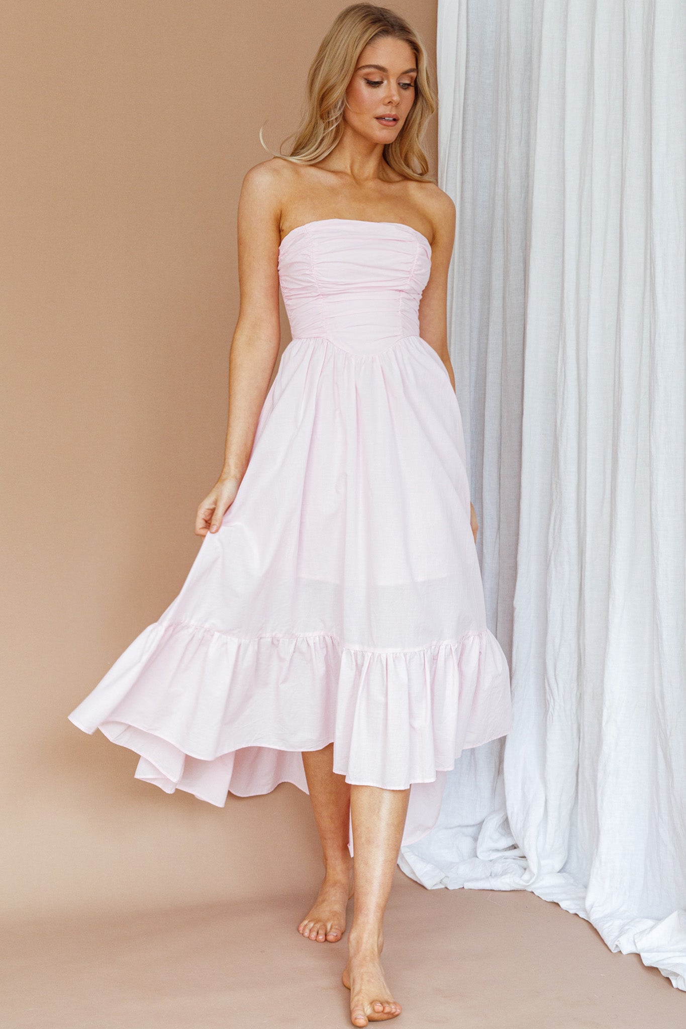Sunday Mornings Ruched Bust Midi Dress Pink-Maymioy
