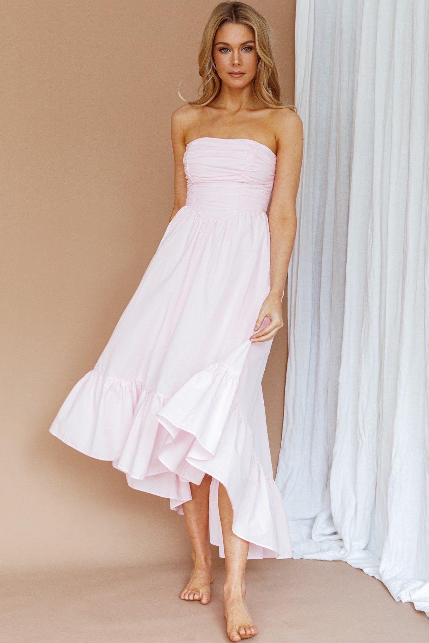Sunday Mornings Ruched Bust Midi Dress Pink-Maymioy