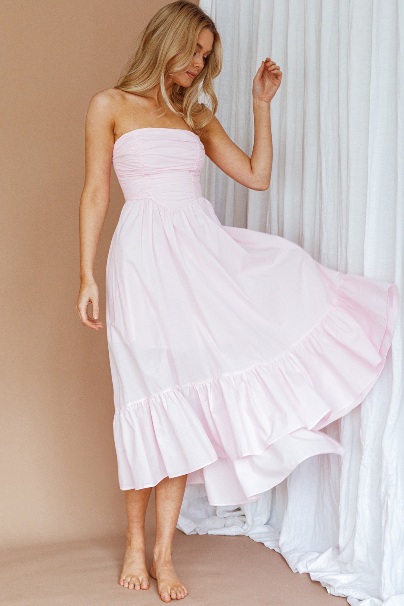Sunday Mornings Ruched Bust Midi Dress Pink-Maymioy