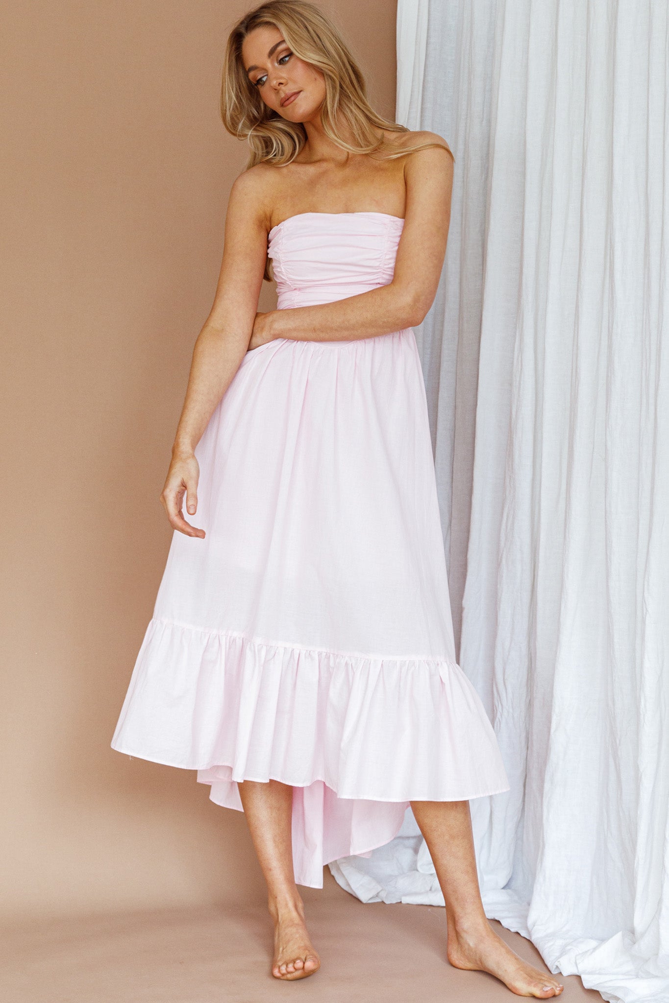 Sunday Mornings Ruched Bust Midi Dress Pink-Maymioy