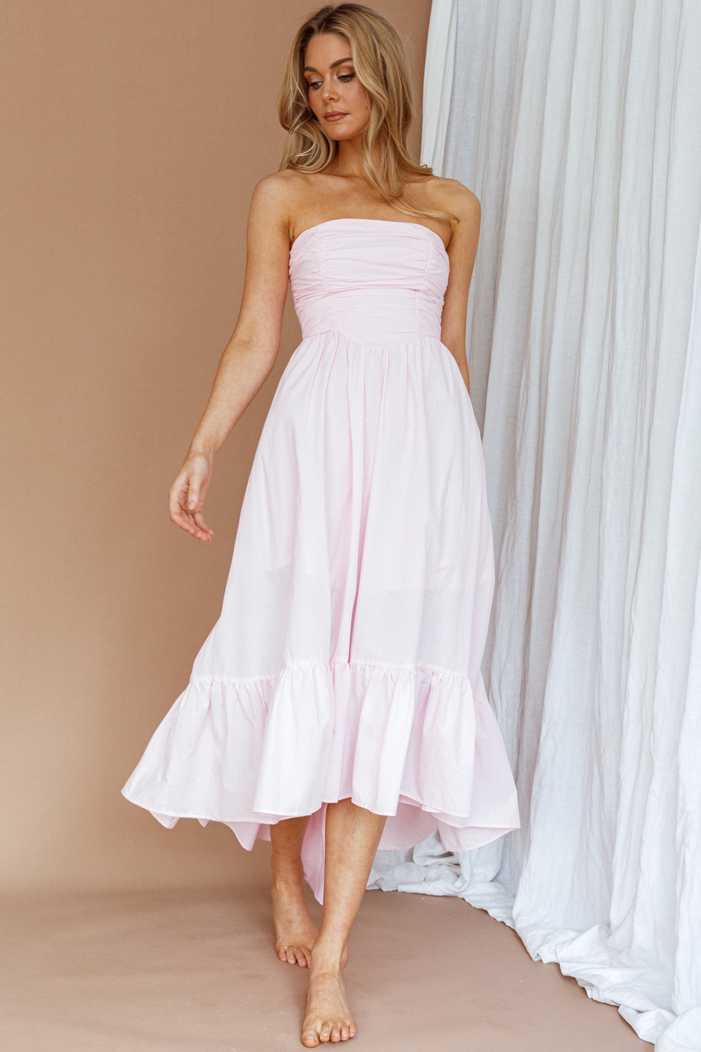 Sunday Mornings Ruched Bust Midi Dress Pink-Maymioy