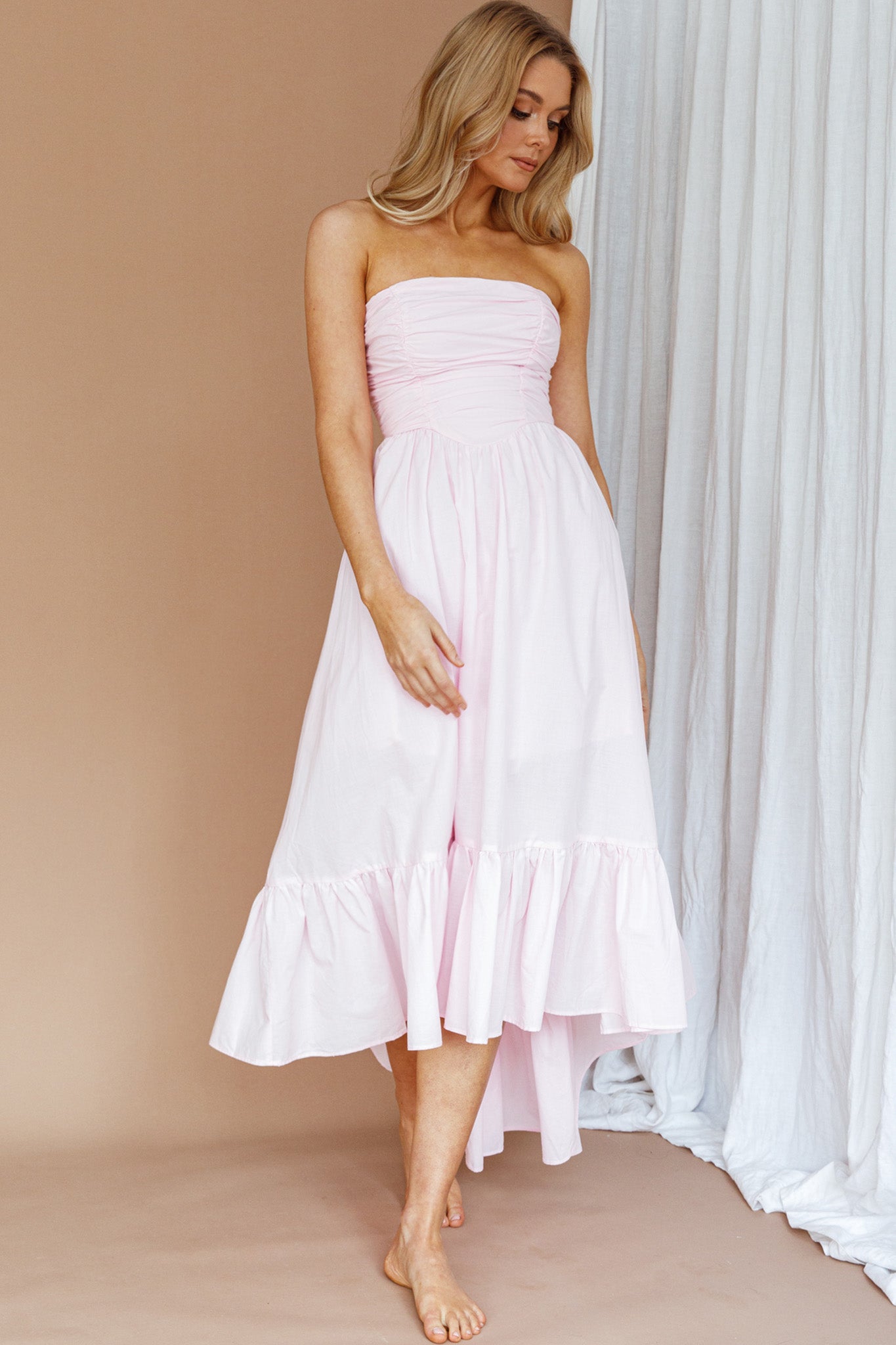 Sunday Mornings Ruched Bust Midi Dress Pink-Maymioy