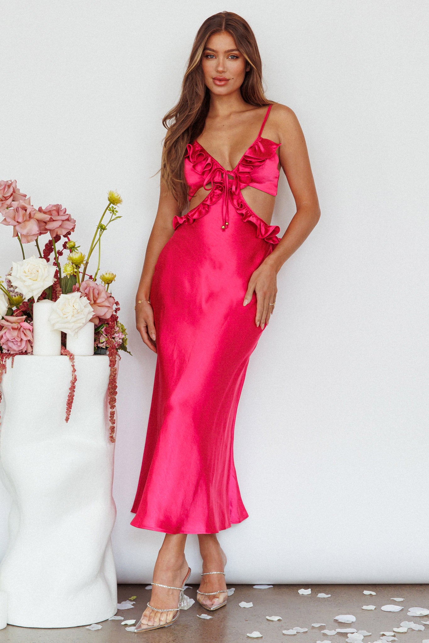 Stole My Heart Frill Trim Maxi Dress Hot Pink-Maymioy