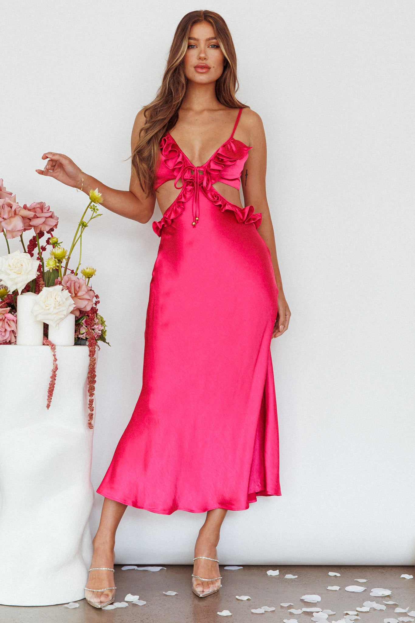 Stole My Heart Frill Trim Maxi Dress Hot Pink-Maymioy